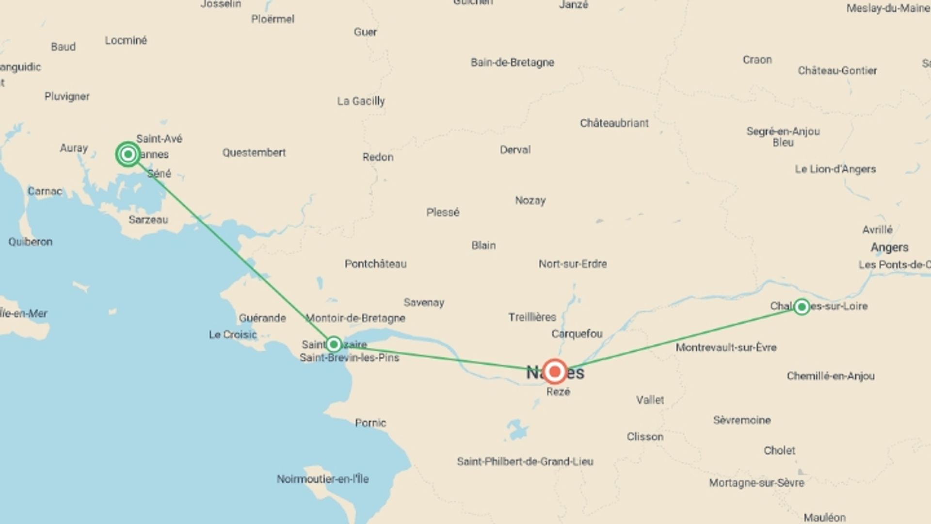 A map showing the tour itinerary for the trip: Beautiful Brittany and Royal Opulence in the Loire (port-to-port cruise), starting in Brittany, France and ending in Pays de la Loire, France going through 3 other destinations.