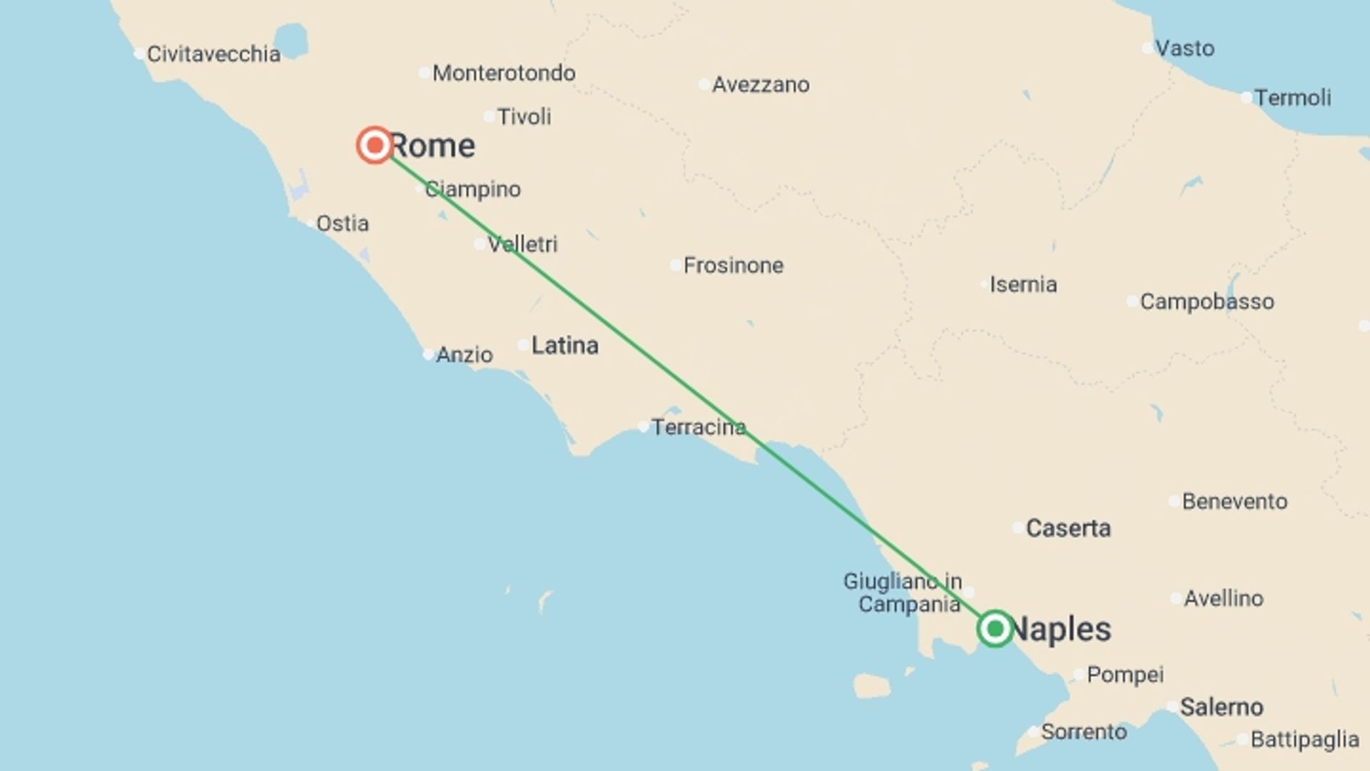 A map showing the tour itinerary for the trip: Beautiful Campania, starting in Rome, Italy and ending in Rome, Italy going through 2 other destinations.