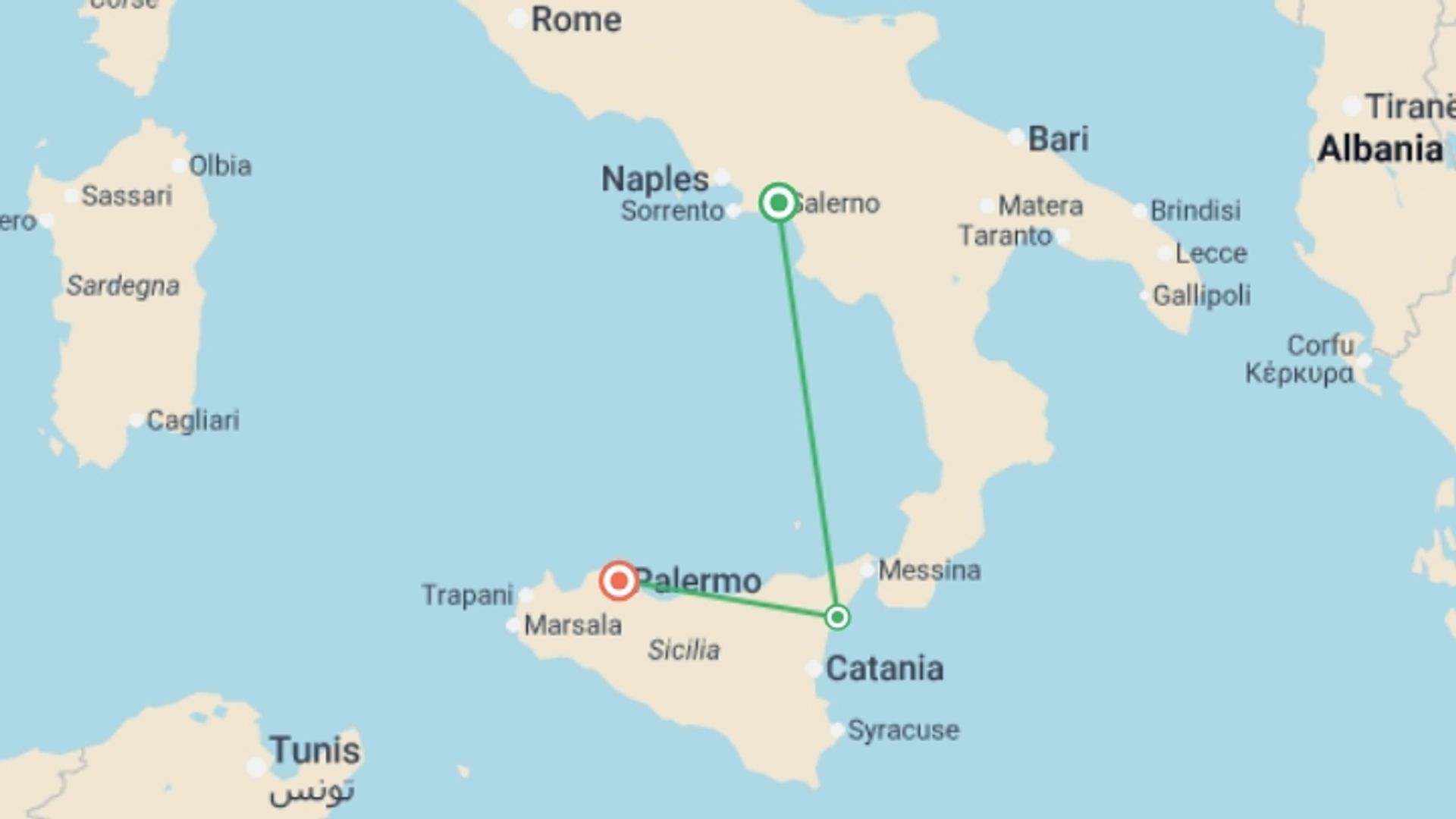 A map showing the tour itinerary for the trip: Beautiful Campania and Sicily, starting in Rome, Italy and ending in Palermo, Italy going through 3 other destinations.