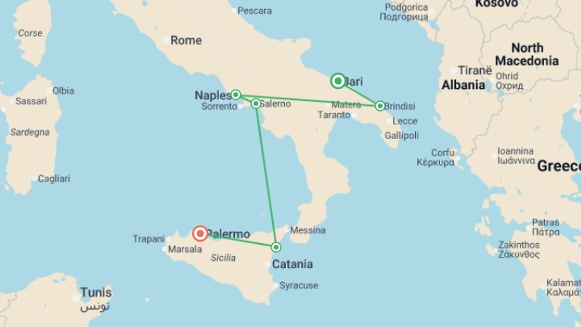 A map showing the tour itinerary for the trip: Beautiful of Puglia, Campania and Sicily, starting in Rome, Italy and ending in Palermo, Italy going through 5 other destinations.