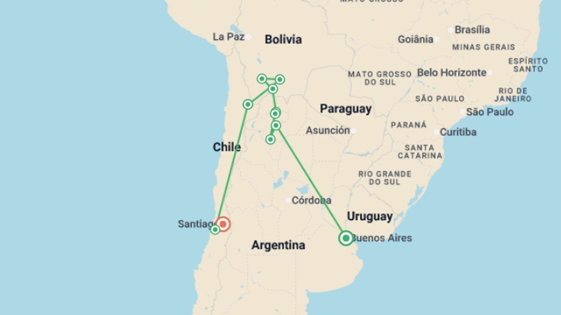 A map showing the tour itinerary for the trip: Best of Argentina, Bolivia and Chile, starting in Buenos Aires, Argentina and ending in Santiago, Chile going through 7 other destinations.