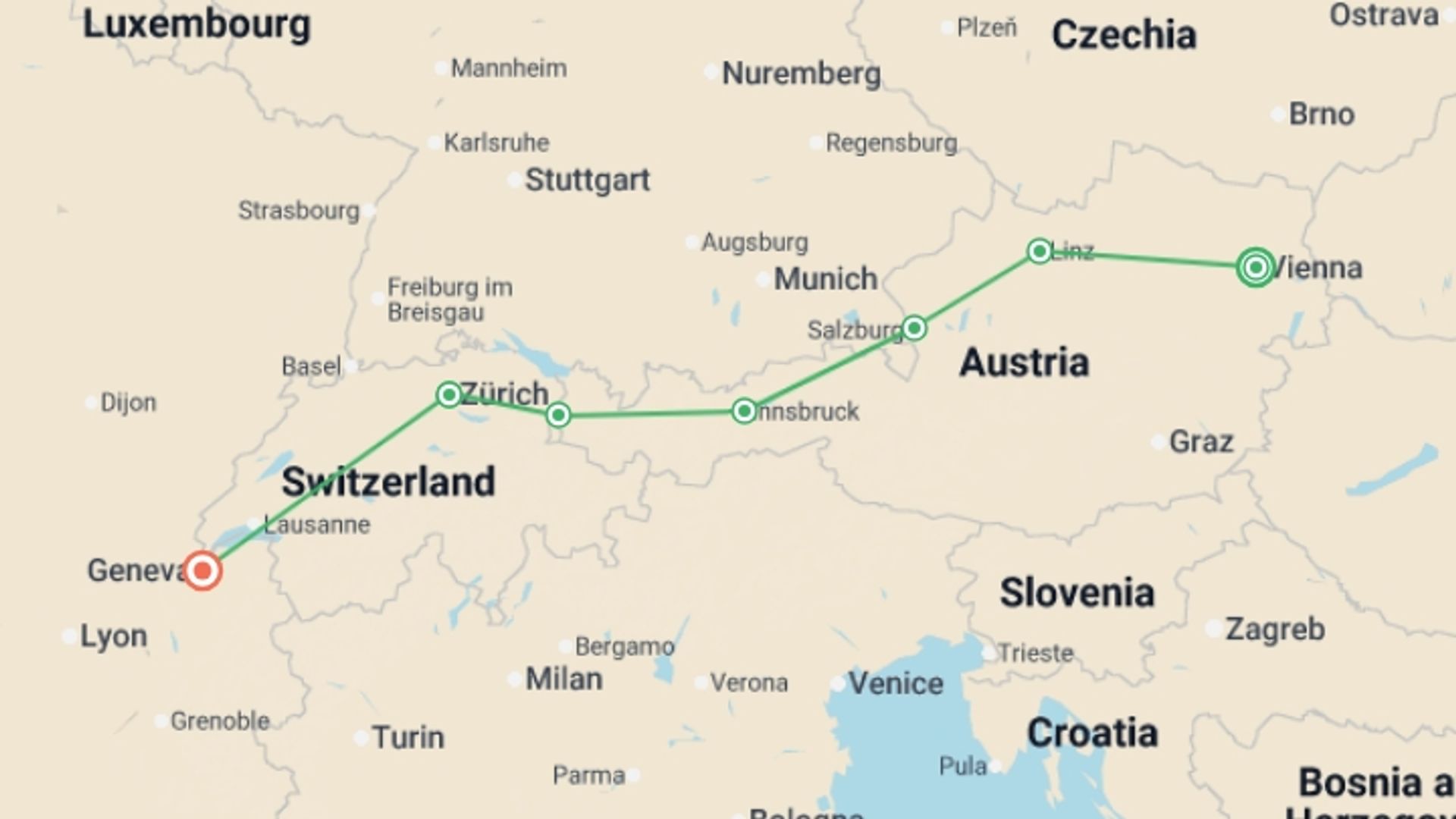 A map showing the tour itinerary for the trip: Best of Austria and Switzerland, starting in Vienna, Austria and ending in Geneva, Switzerland going through 6 other destinations.