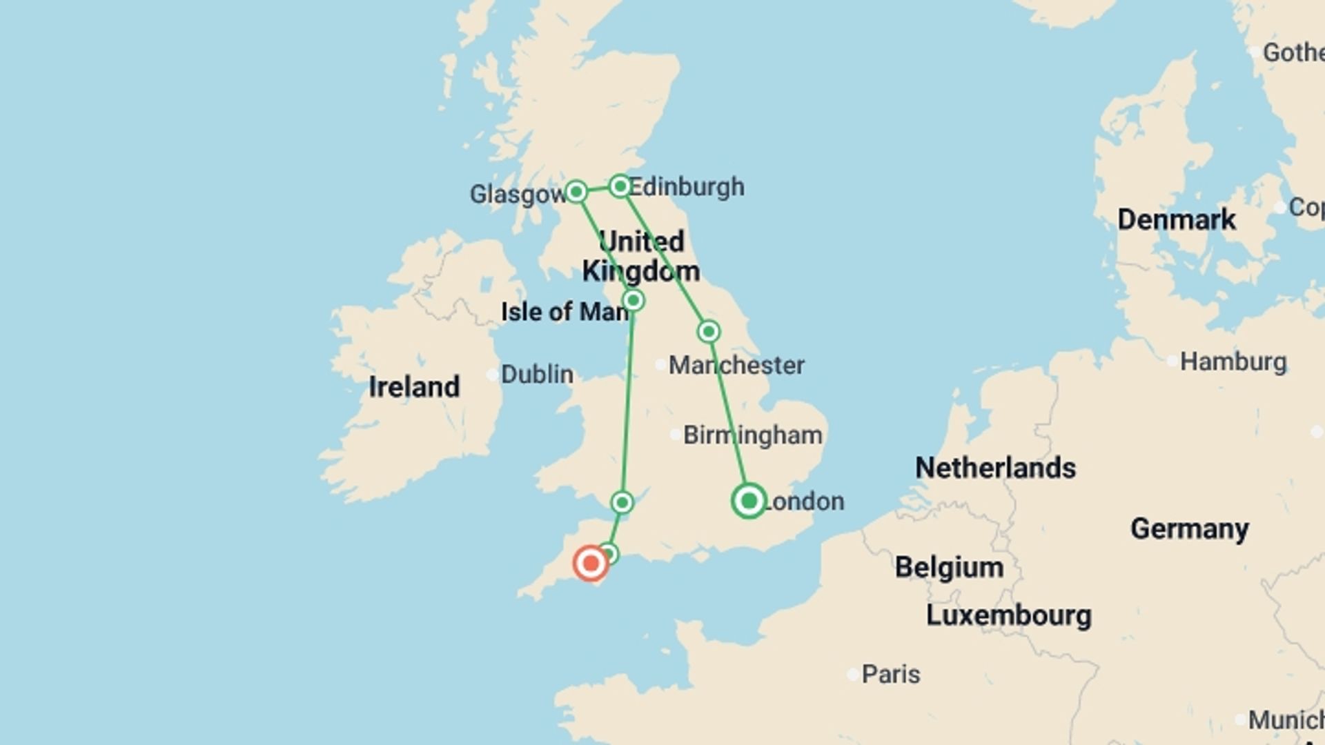 A map showing the tour itinerary for the trip: Best of Britain, starting in London, England and ending in London, England going through 6 other destinations.
