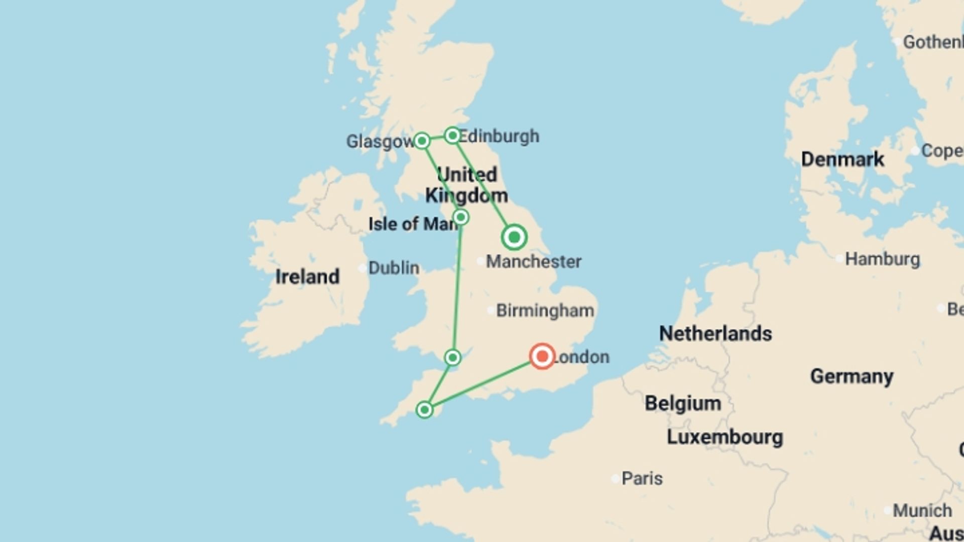 A map showing the tour itinerary for the trip: Best of Britain, starting in London, England and ending in London, England going through 6 other destinations.