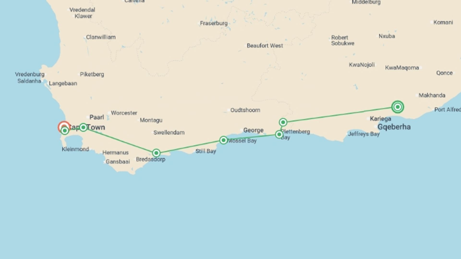 A map showing the tour itinerary for the trip: Best of Cape Town and the Garden Route, starting in Port Elizabeth, South Africa and ending in Cape Town, South Africa going through 5 other destinations.