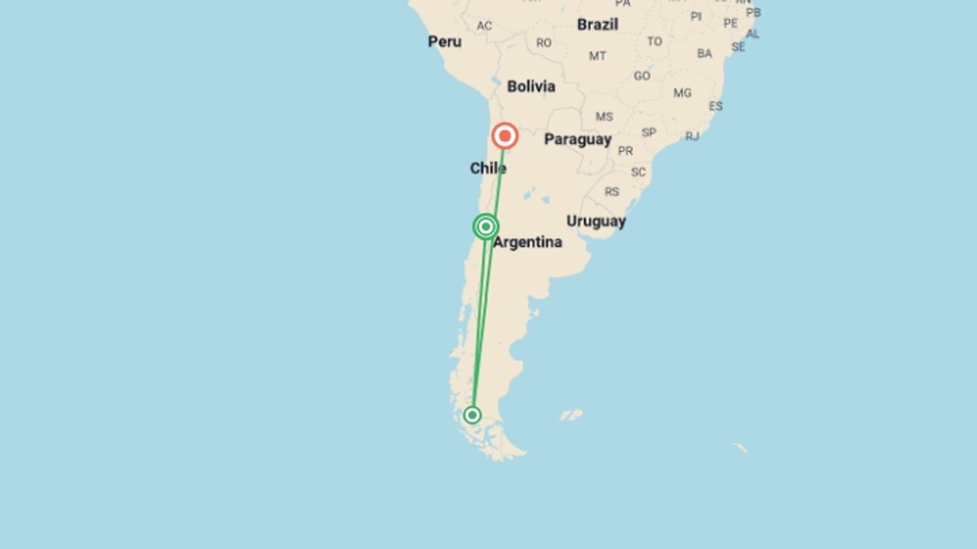 A map showing the tour itinerary for the trip: Best Of Chile, starting in Santiago, Chile and ending in San Pedro De Atacama, Chile going through 4 other destinations.