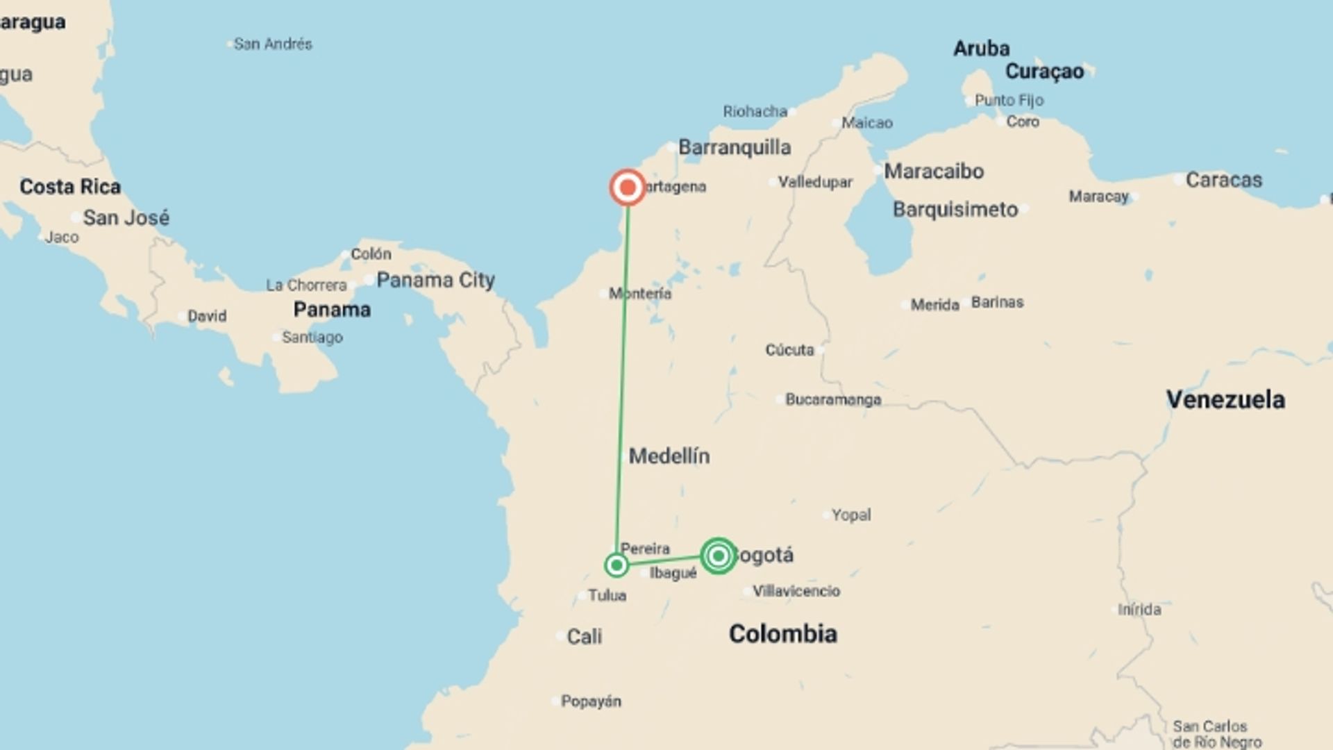 A map showing the tour itinerary for the trip: Best of Colombia and the Coffee Triangle, starting in Bogota, Colombia and ending in Cartagena, Colombia going through 2 other destinations.