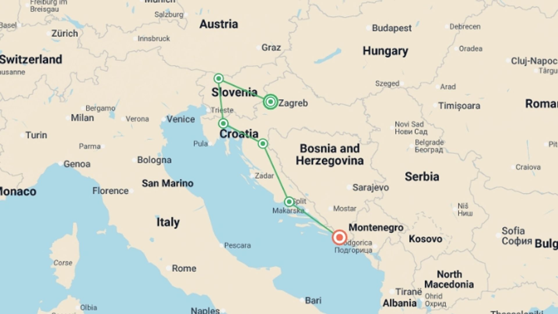 A map showing the tour itinerary for the trip: Best of Croatia and Slovenia, starting in Zagreb, Croatia and ending in Dubrovnik, Croatia going through 6 other destinations.