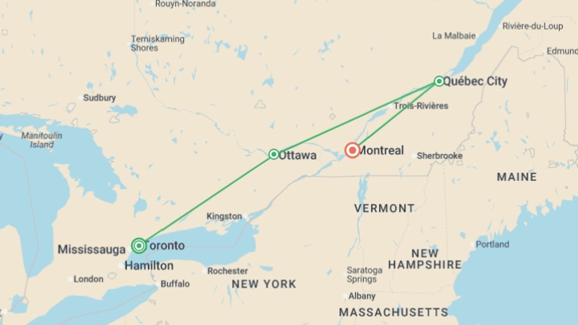 A map showing the tour itinerary for the trip: Best of Eastern Canadian Cities featuring Niagara Falls, Ottawa, Quebec City & Montreal, starting in Toronto, Canada and ending in Montreal, Canada going through 5 other destinations.
