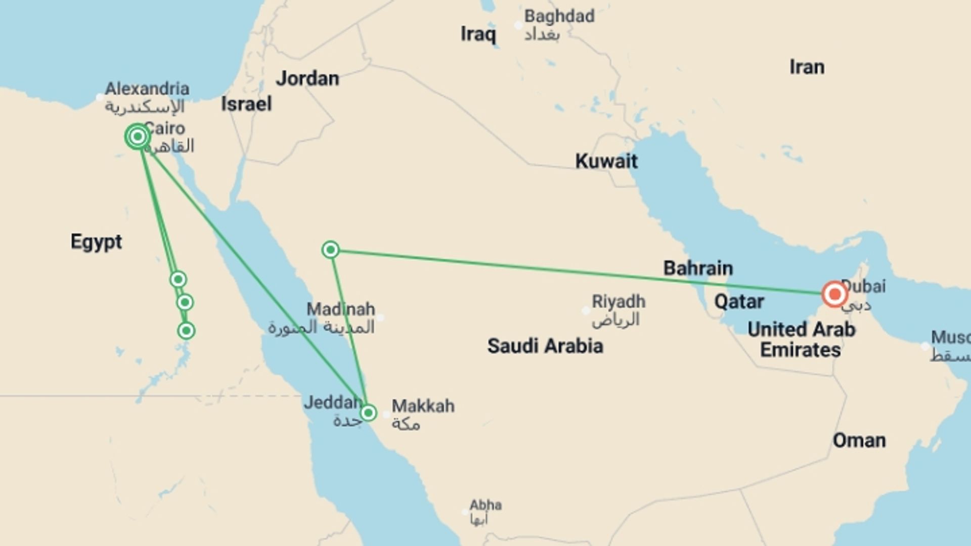 A map showing the tour itinerary for the trip: Best of Egypt Saudi Arabia and Dubai, starting in Cairo, Egypt and ending in Dubai, UAE going through 6 other destinations.