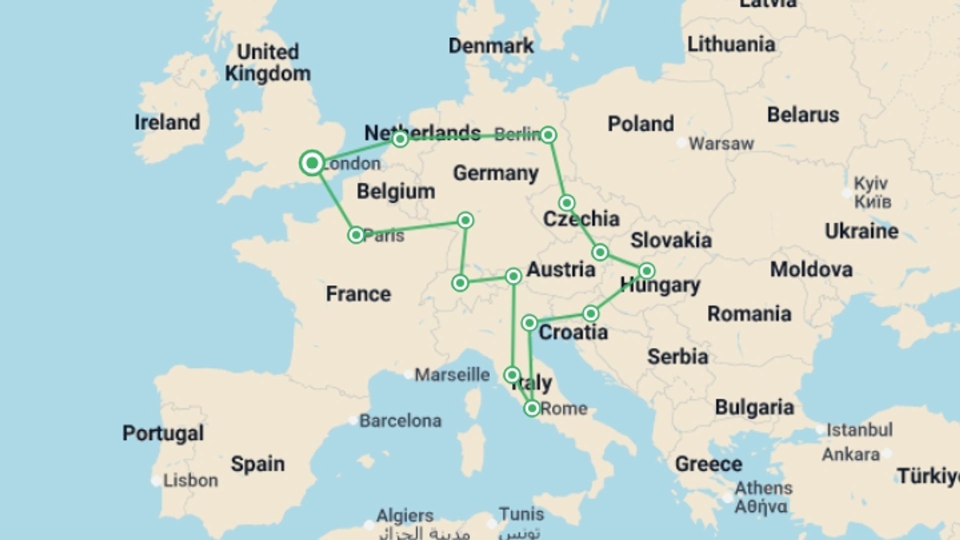 A map showing the tour itinerary for the trip: Best of Europe, starting in London, England and ending in London, England going through 14 other destinations.
