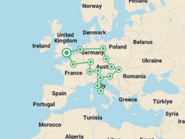 Map of England and France Tour with 14 destination visits for the trip: Best of Europe