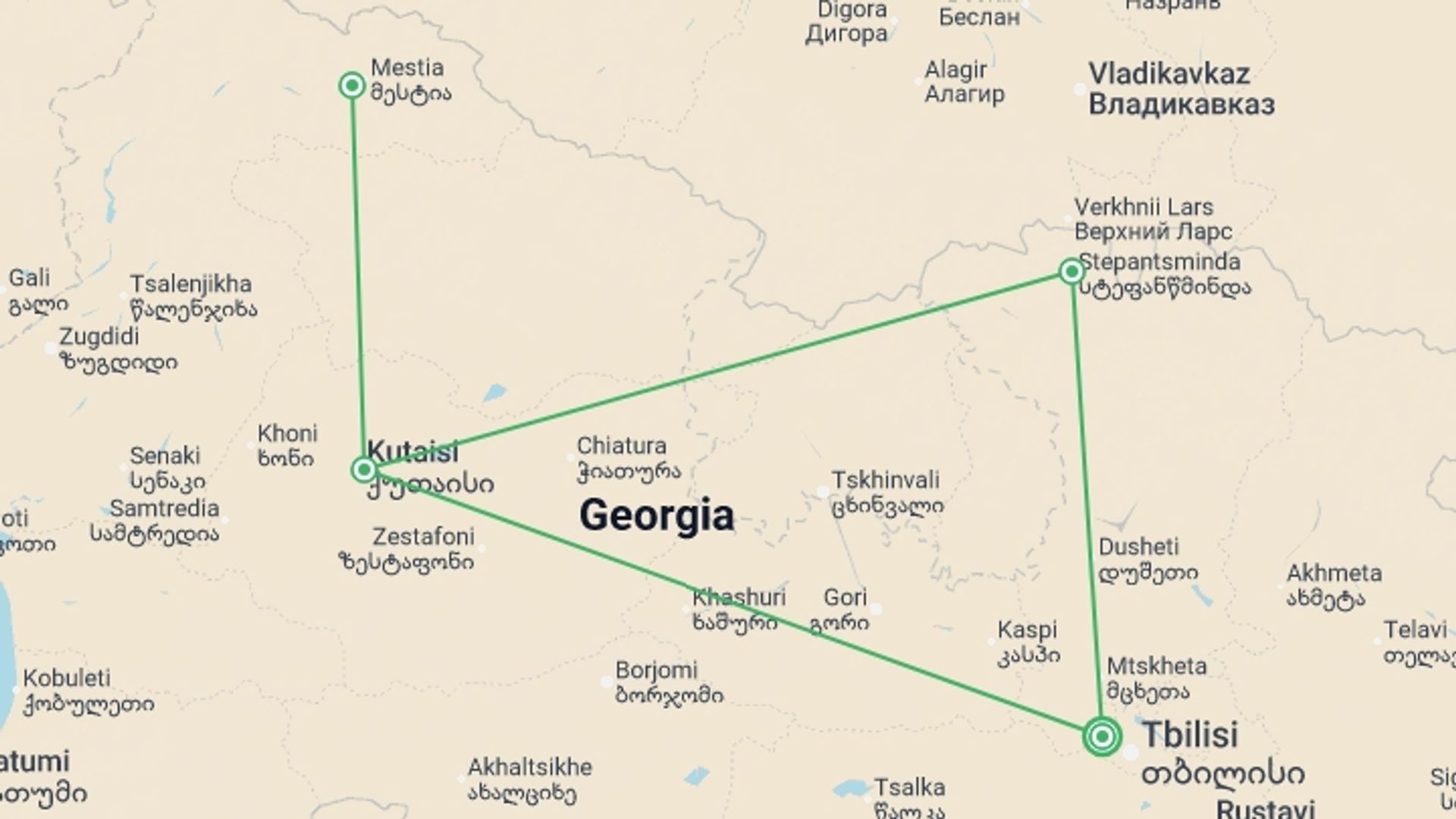 A map showing the tour itinerary for the trip: Best of Georgia, starting in Tbilisi, Georgia and ending in Tbilisi, Georgia going through 4 other destinations.