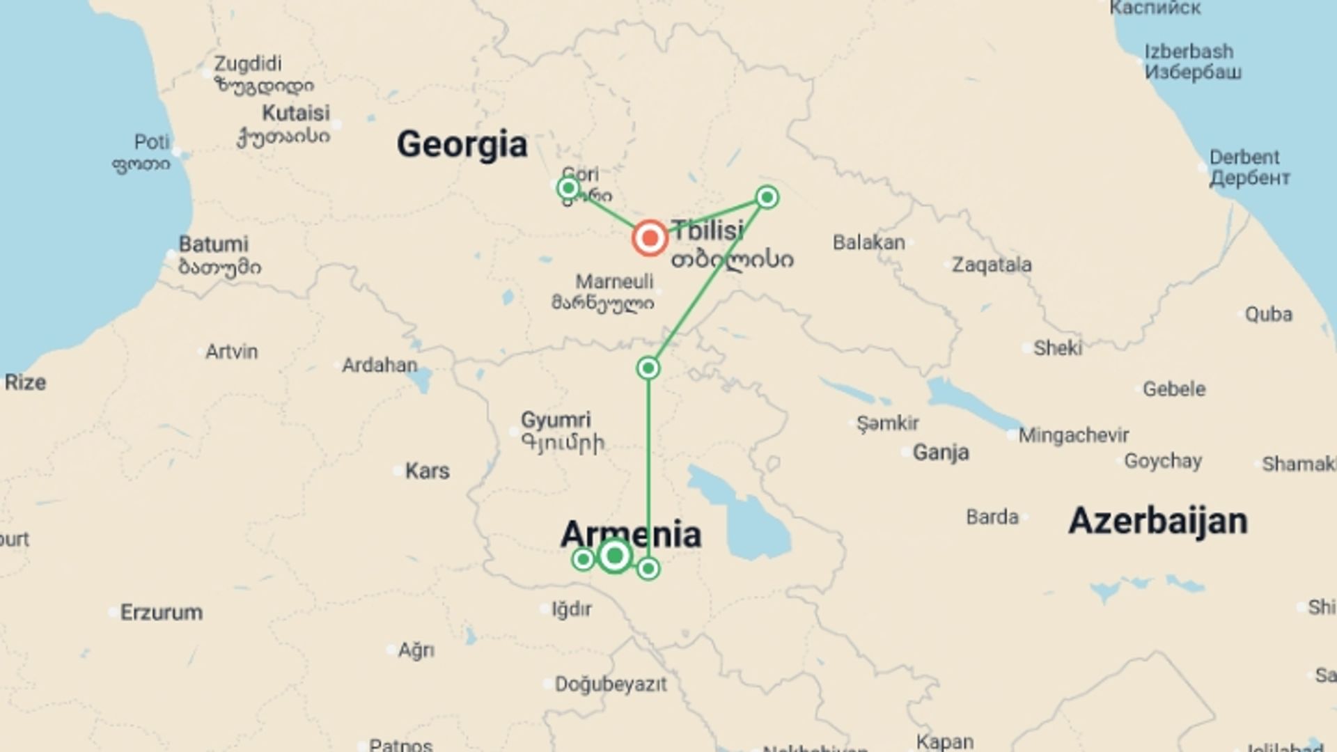 A map showing the tour itinerary for the trip: Best of Georgia & Armenia, starting in Yerevan, Armenia and ending in Tbilisi, Georgia going through 3 other destinations.