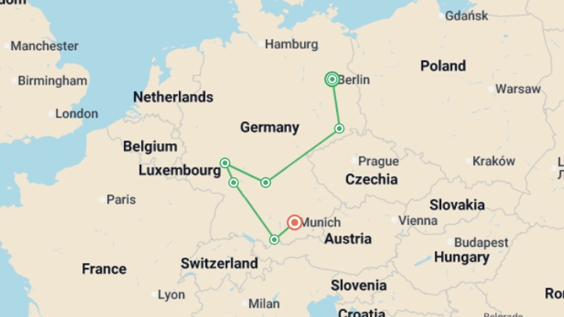 A map showing the tour itinerary for the trip: Best of Germany, starting in Berlin, Germany and ending in Munich, Germany going through 6 other destinations.