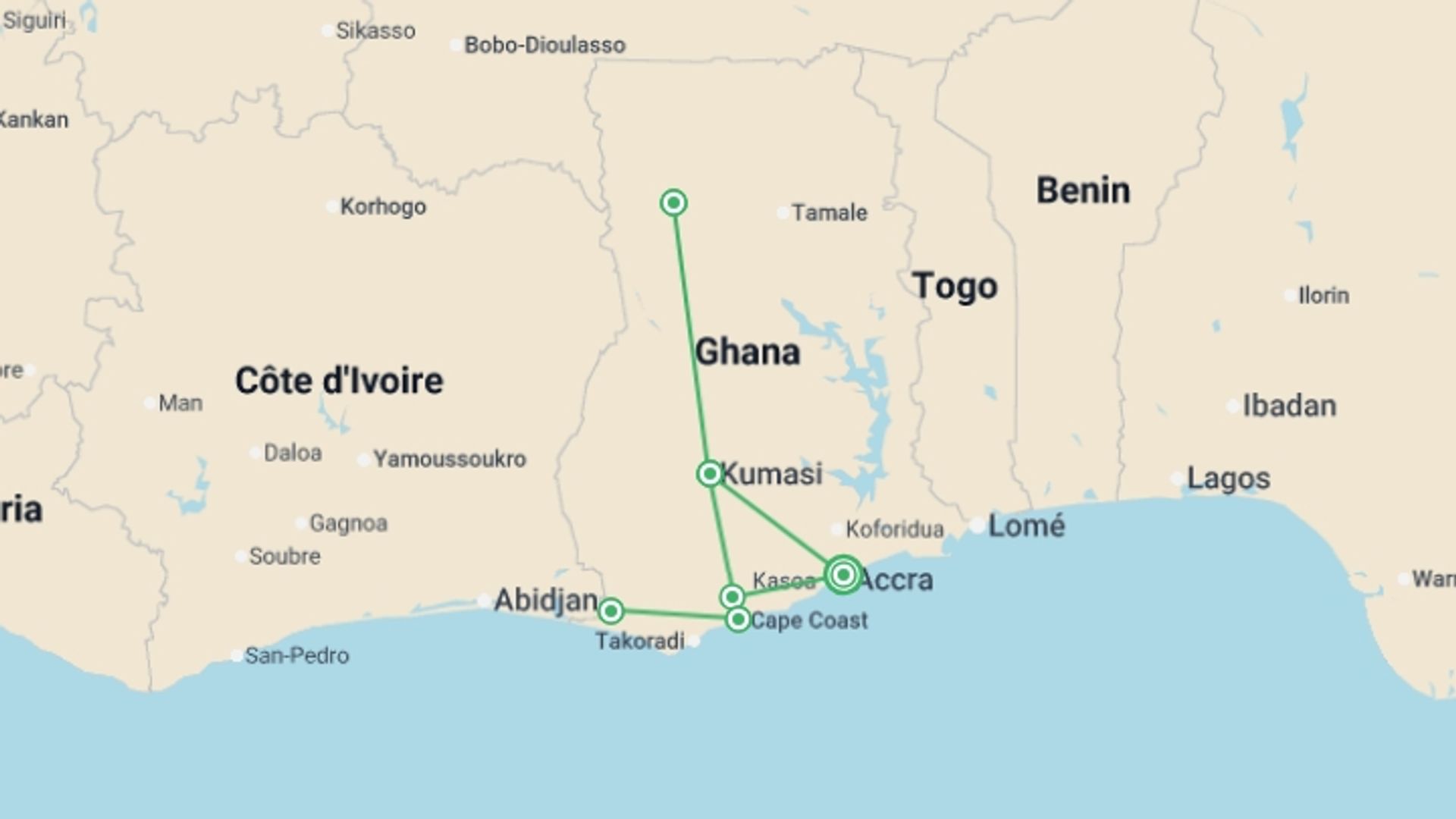 A map showing the tour itinerary for the trip: Best of Ghana, starting in Accra, Ghana and ending in Accra, Ghana going through 3 other destinations.