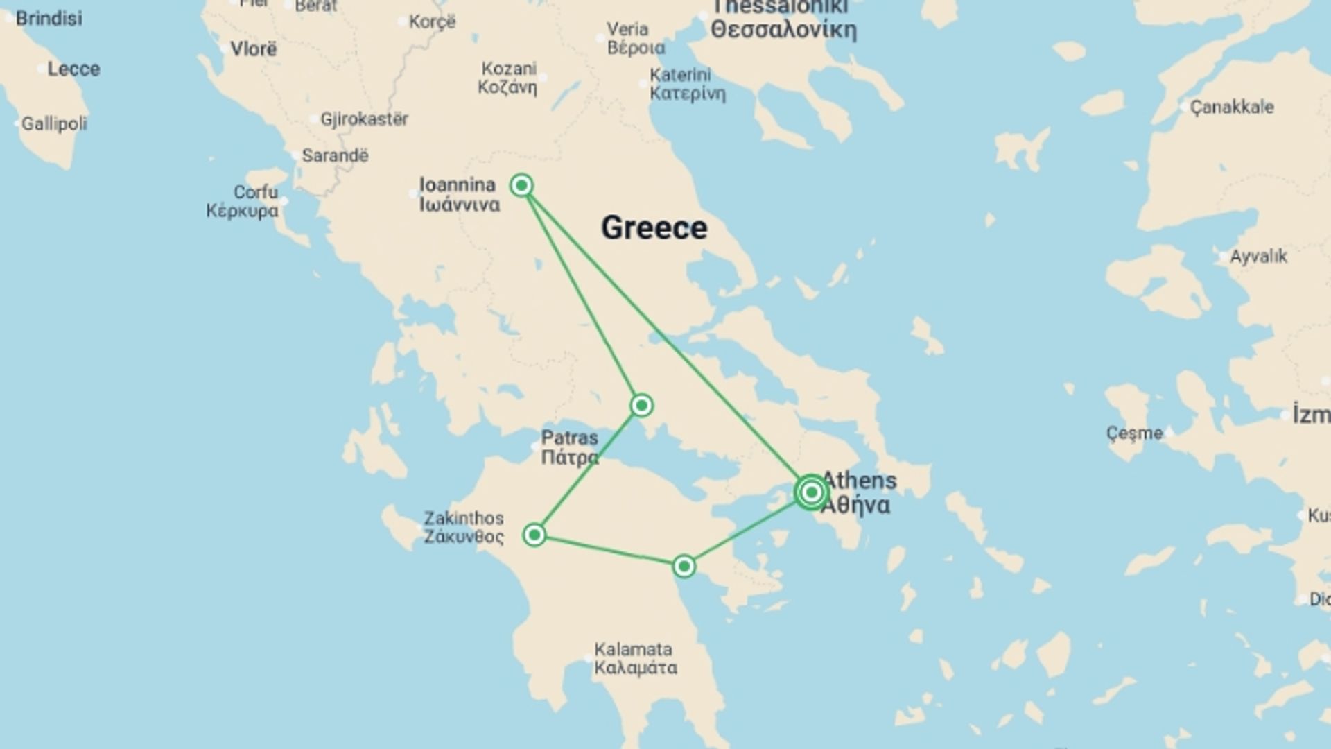 A map showing the tour itinerary for the trip: Best of Greece, starting in Athens, Greece and ending in Athens, Greece going through 3 other destinations.