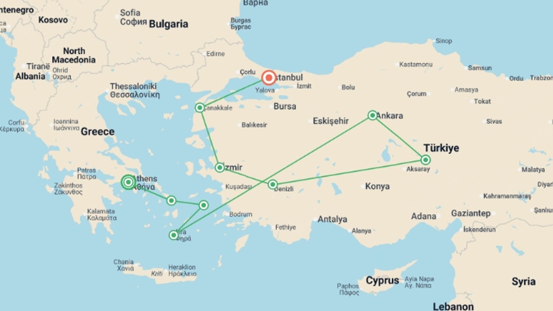 A map showing the tour itinerary for the trip: Best Of Greece And Turkey With 3-day Cruise (small Group), starting in Athens, Greece and ending in Istanbul, Turkey going through 11 other destinations.
