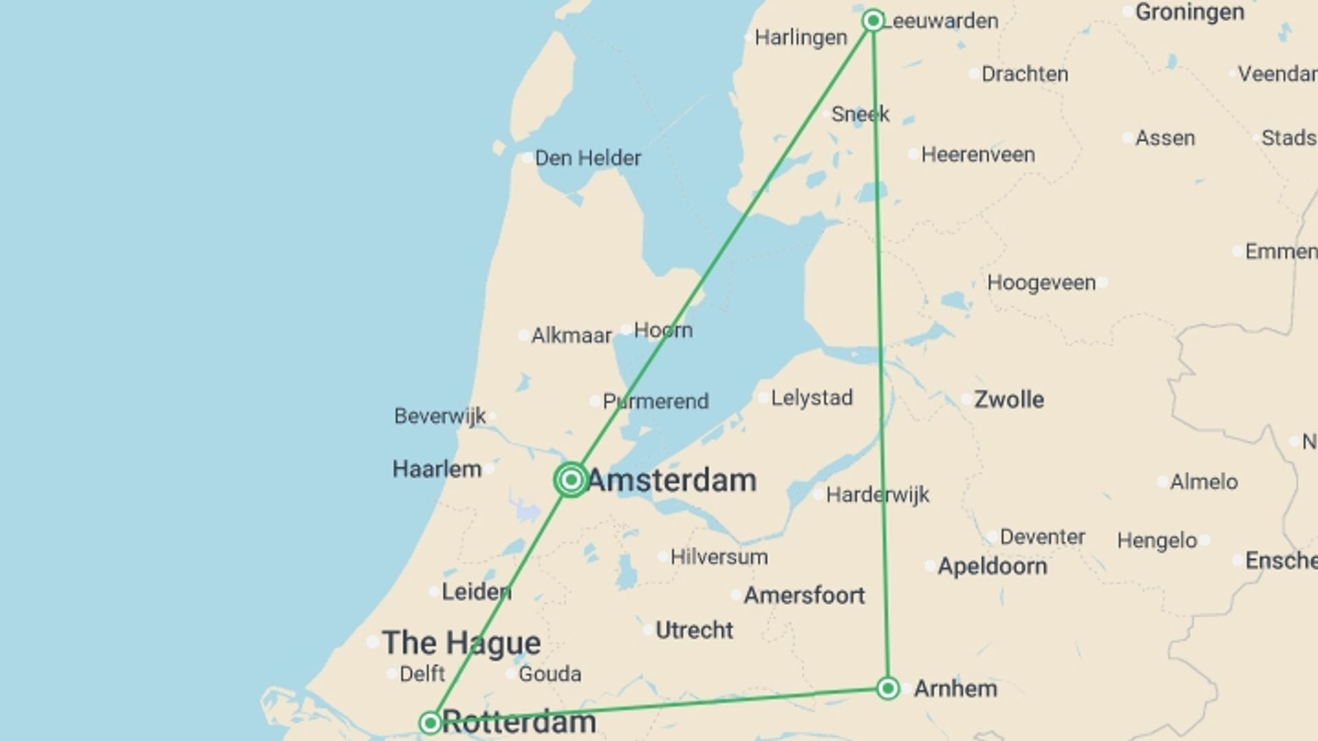 A map showing the tour itinerary for the trip: Best of Holland, starting in Amsterdam, Holland and ending in Amsterdam, Holland going through 3 other destinations.