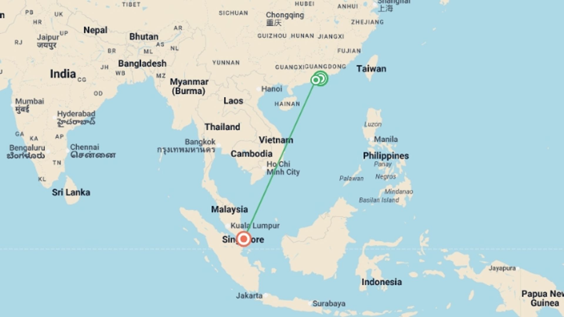 A map showing the tour itinerary for the trip: Best of Hong Kong, Macao and Singapore, starting in Hong Kong, Hong Kong and ending in Singapore, Singapore going through 2 other destinations.