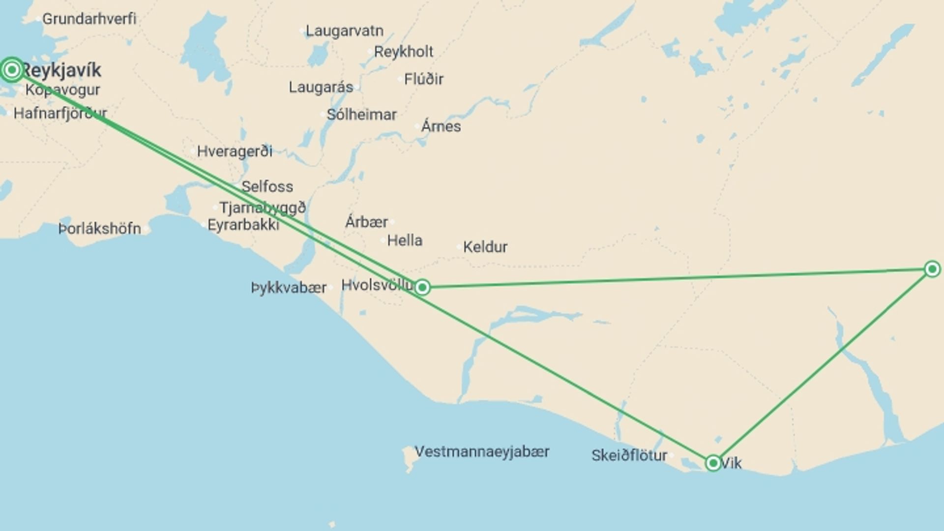 A map showing the tour itinerary for the trip: Best of Iceland 35 to 45, starting in Reykjavik, Iceland and ending in Reykjavik, Iceland going through 2 other destinations.