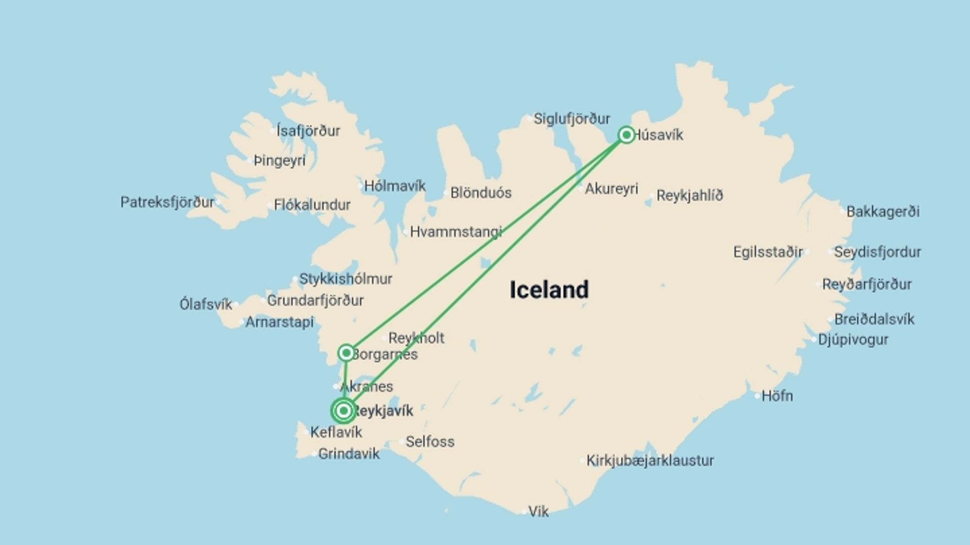 A map showing the tour itinerary for the trip: Best of Iceland featuring the Northern Lights, starting in Reykjavik, Iceland and ending in Reykjavik, Iceland going through 1 other destinations.