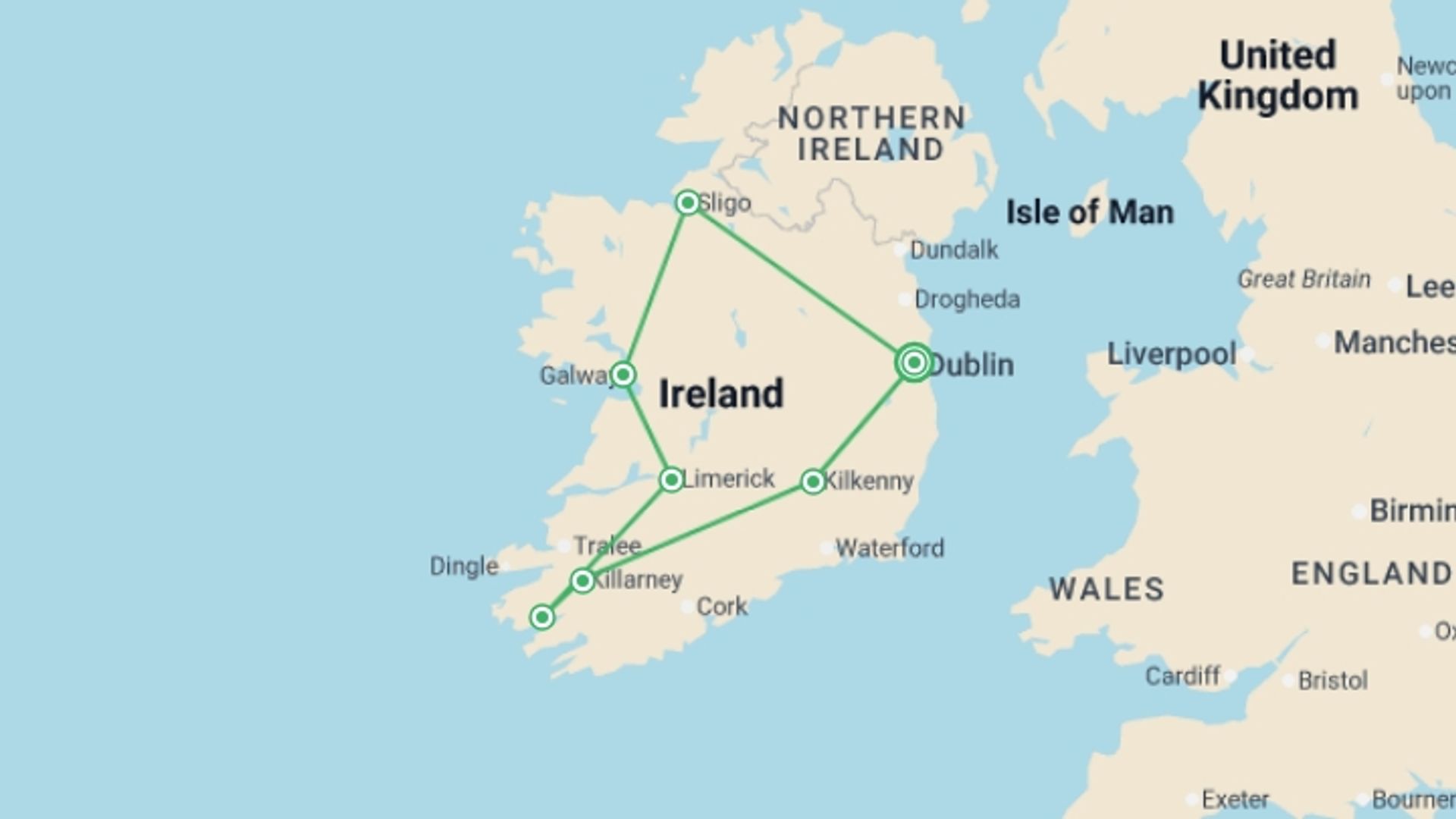 A map showing the tour itinerary for the trip: Best of Ireland - Signature, starting in Dublin, Ireland and ending in Dublin, Ireland going through 4 other destinations.