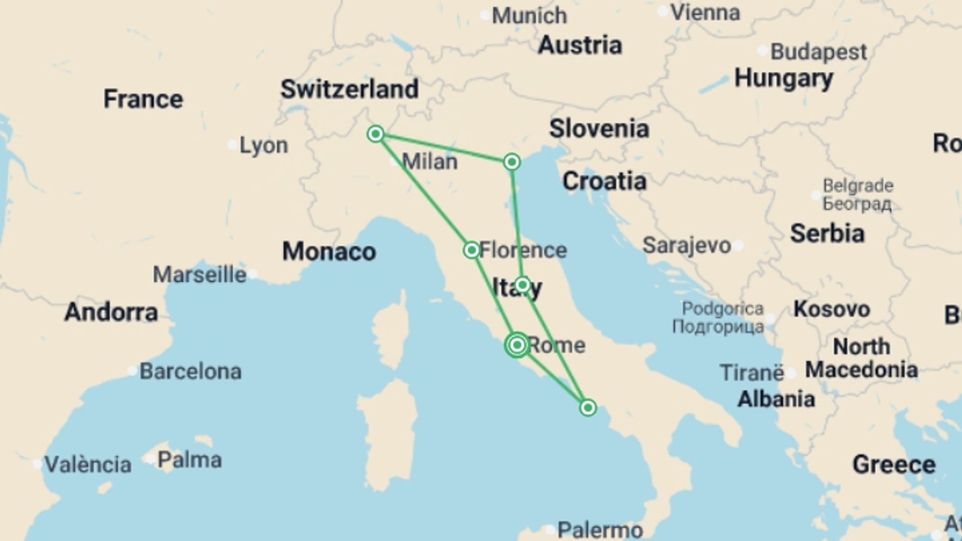 A map showing the tour itinerary for the trip: Best of Italy, starting in Rome, Italy and ending in Rome, Italy going through 6 other destinations.