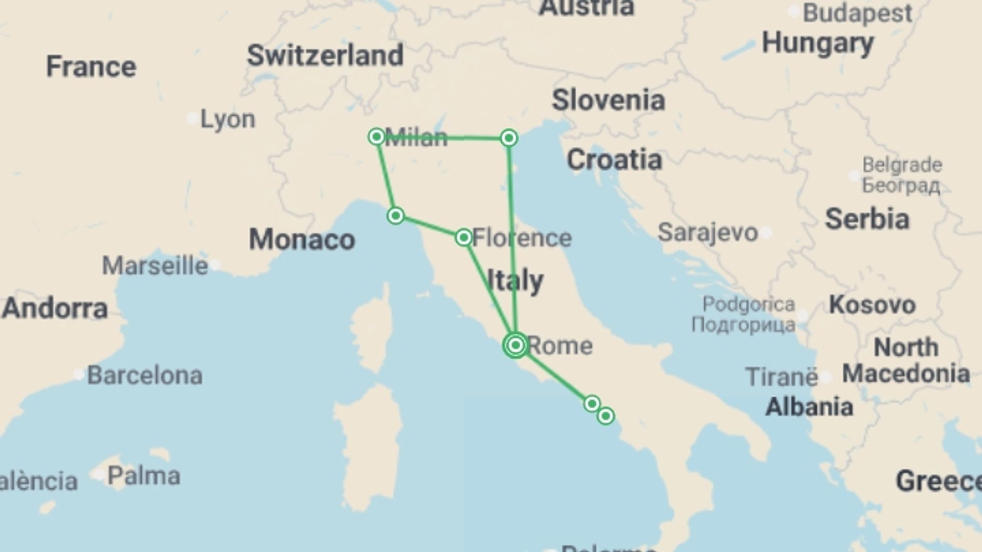 A map showing the tour itinerary for the trip: Best of Italy 35 to 45, starting in Rome, Italy and ending in Rome, Italy going through 5 other destinations.