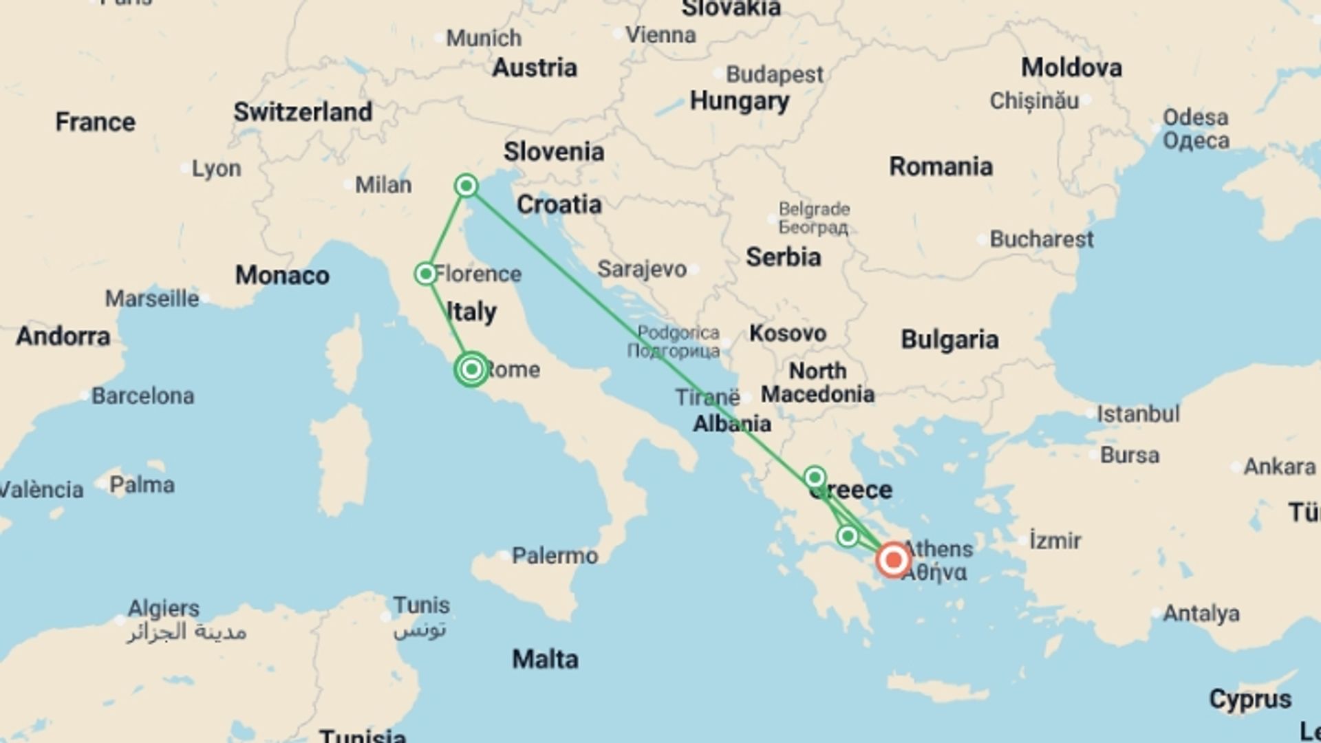 A map showing the tour itinerary for the trip: Best of Italy and Greece, starting in Rome, Italy and ending in Athens, Greece going through 5 other destinations.