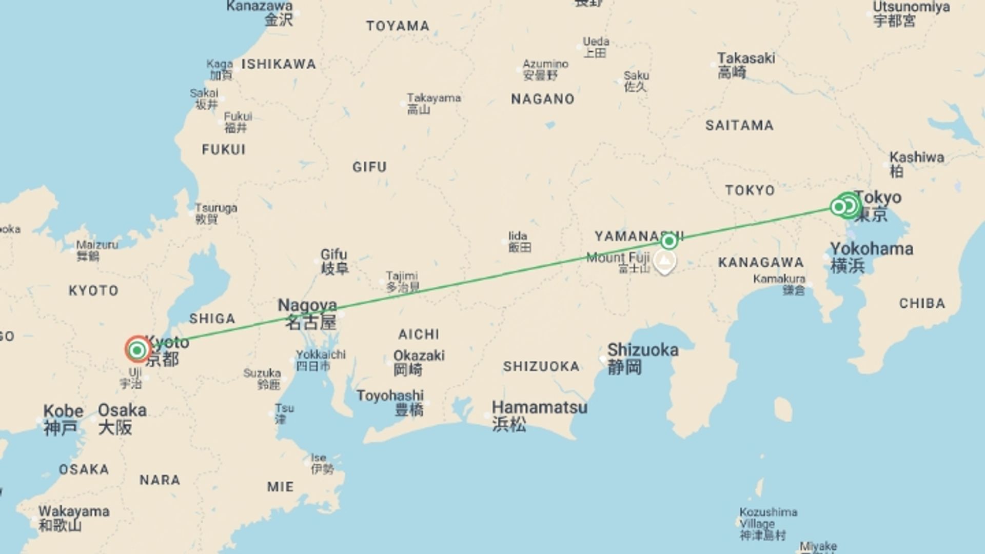 A map showing the tour itinerary for the trip: Best of Japan - 8 days, starting in Tokyo, Japan and ending in Kyoto, Japan going through 2 other destinations.