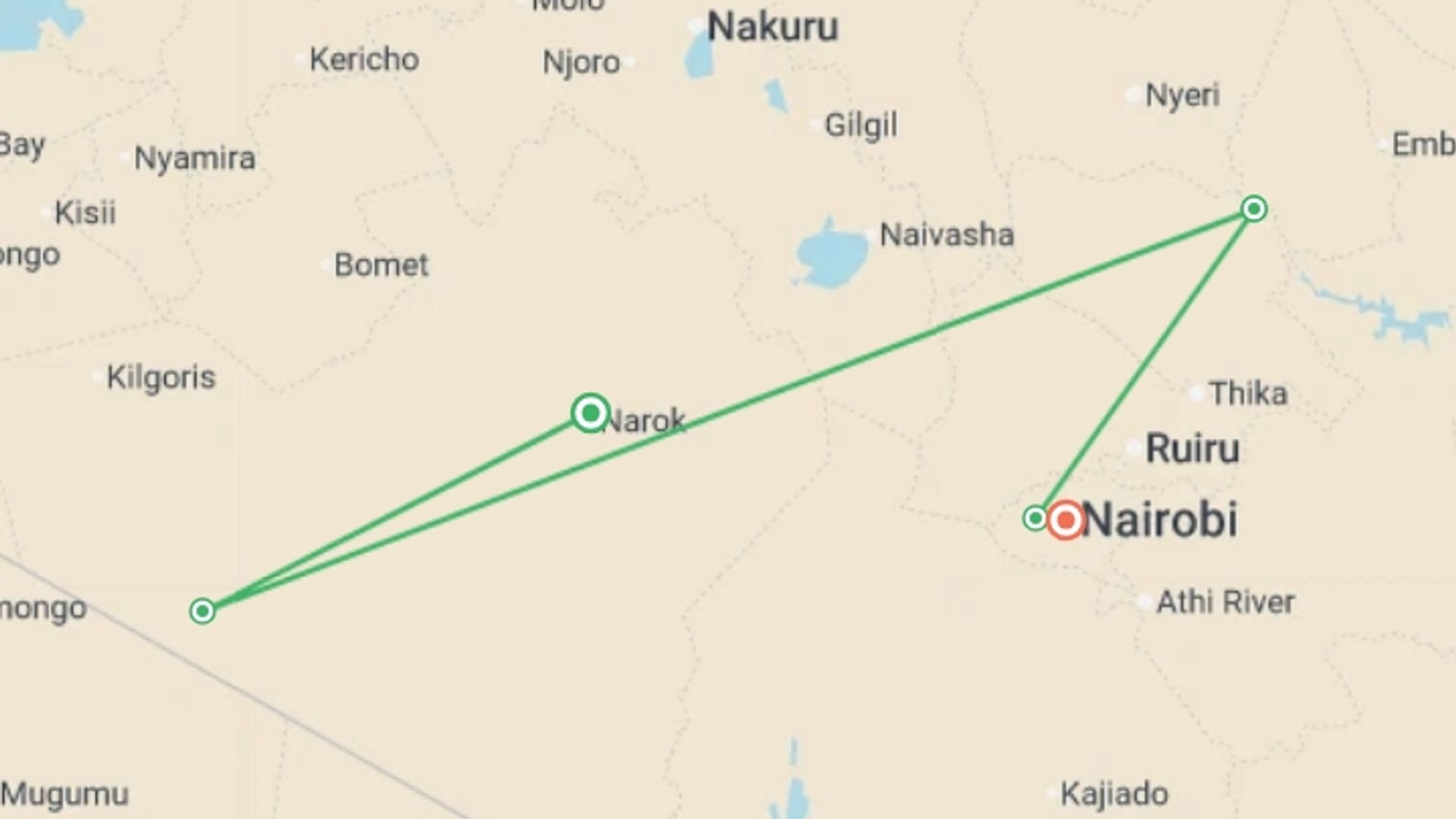 A map showing the tour itinerary for the trip: Best of Kenya 35 to 45, starting in Nairobi, Kenya and ending in Nairobi, Kenya going through 1 other destinations.