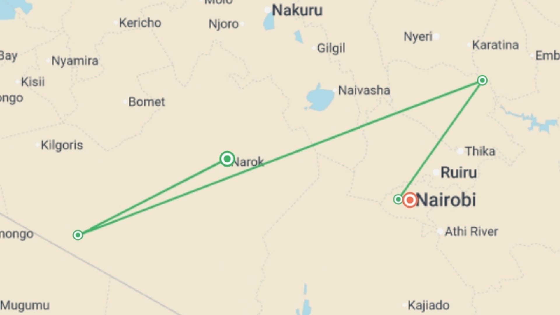 A map showing the tour itinerary for the trip: Best of Kenya 35 to 45, starting in Nairobi, Kenya and ending in Nairobi, Kenya going through 1 other destinations.