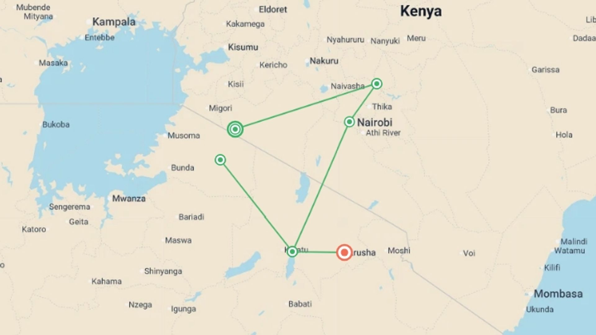 A map showing the tour itinerary for the trip: Best of Kenya and Tanzania 35 to 45, starting in Nairobi, Kenya and ending in Arusha, Tanzania going through 3 other destinations.