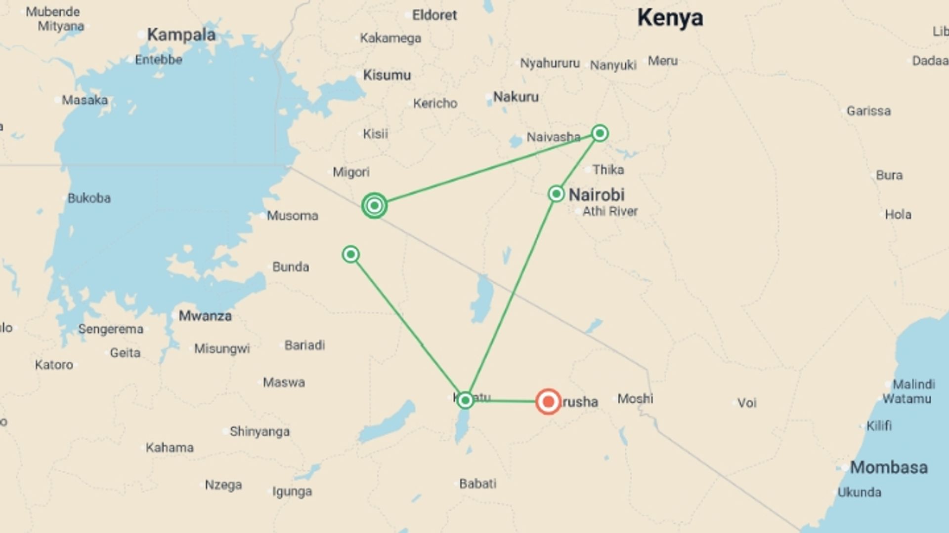 A map showing the tour itinerary for the trip: Best of Kenya & Tanzania 35 to 45, starting in Nairobi, Kenya and ending in Arusha, Tanzania going through 3 other destinations.