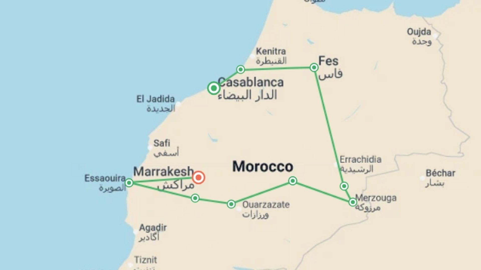 A map showing the tour itinerary for the trip: Best of Morocco, starting in Casablanca, Morocco and ending in Marrakech, Morocco going through 5 other destinations.