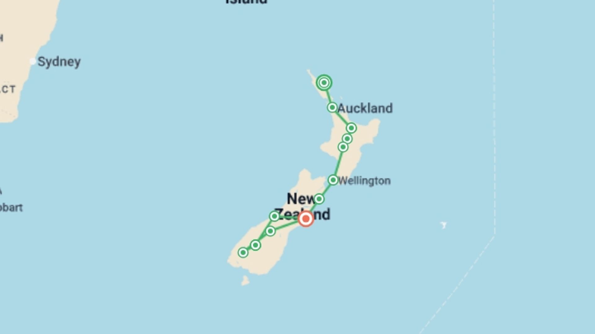 A map showing the tour itinerary for the trip:  Best of New Zealand, starting in Auckland, New Zealand and ending in Christchurch, New Zealand going through 9 other destinations.