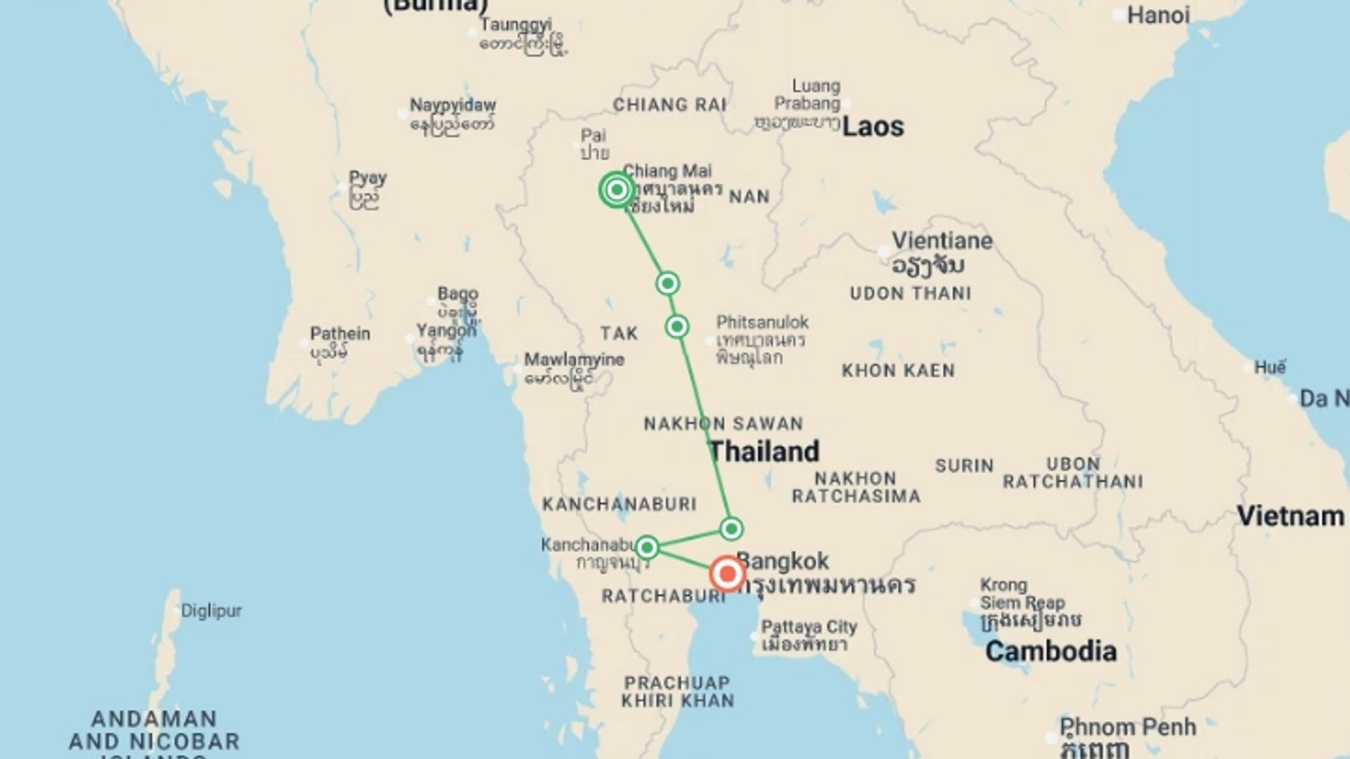 A map showing the tour itinerary for the trip: Best of Northern Thailand, starting in Bangkok, Thailand and ending in Bangkok, Thailand going through 4 other destinations.