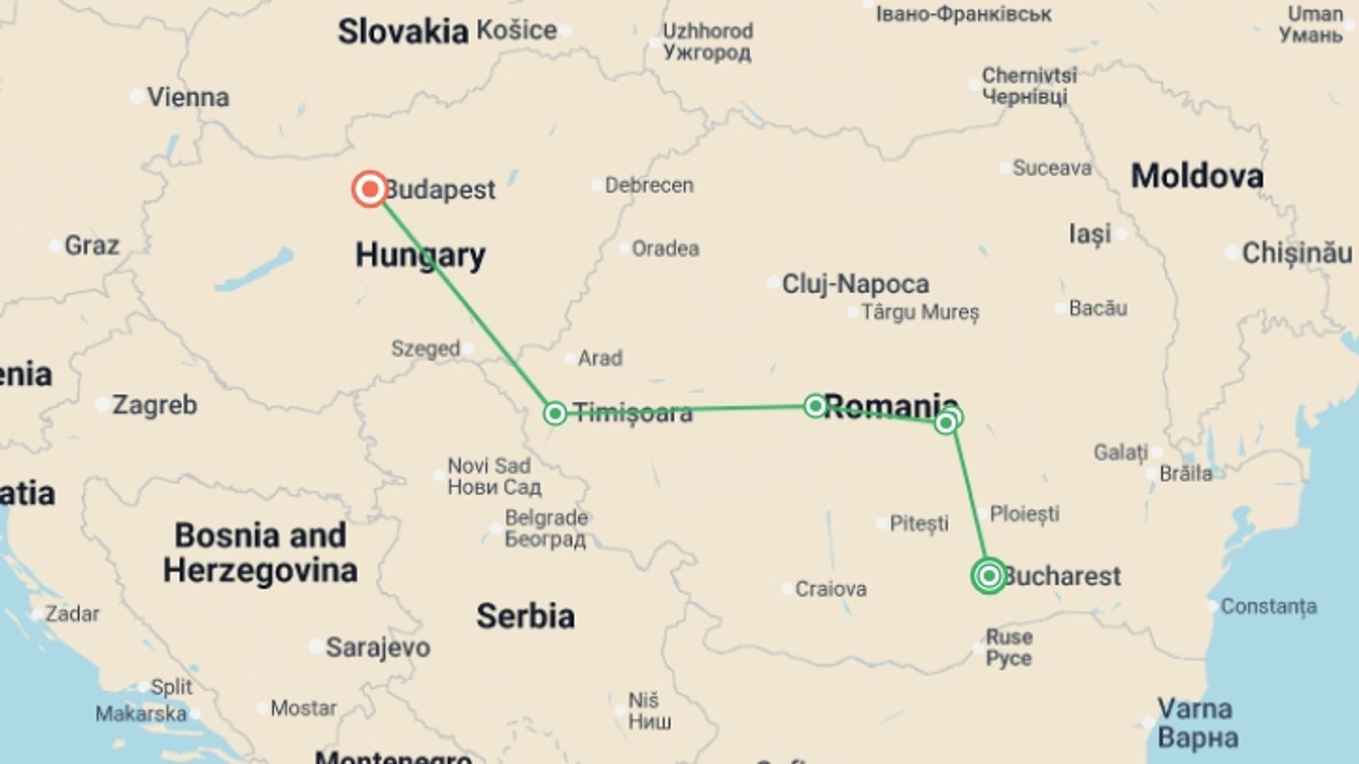 A map showing the tour itinerary for the trip: Best of Romania, Transylvania & Hungary, starting in Bucharest, Romania and ending in Budapest, Hungary going through 4 other destinations.