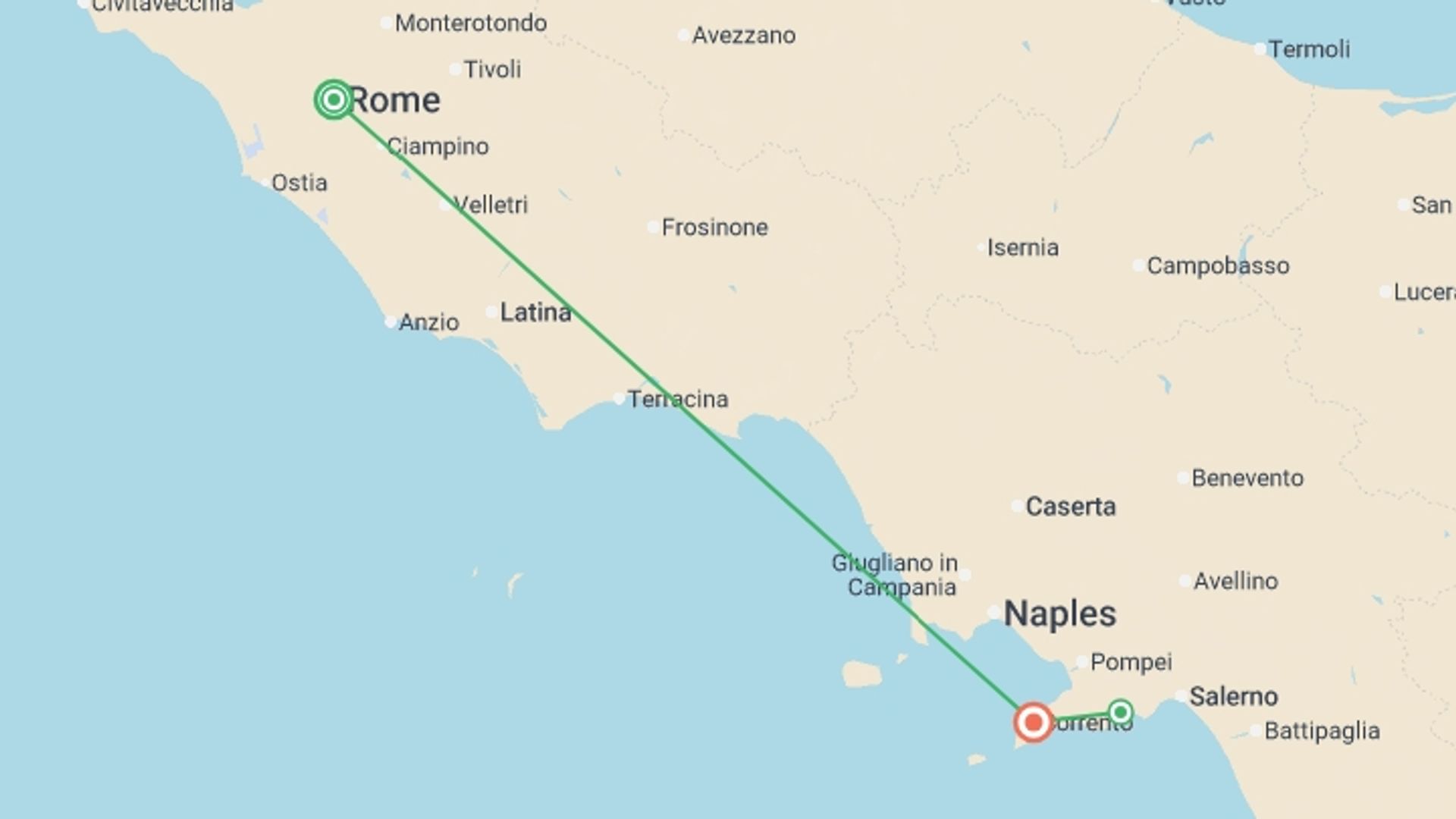 A map showing the tour itinerary for the trip: Best of Rome & the Amalfi Coast 2027, starting in Rome, Italy and ending in Naples, Italy going through 3 other destinations.