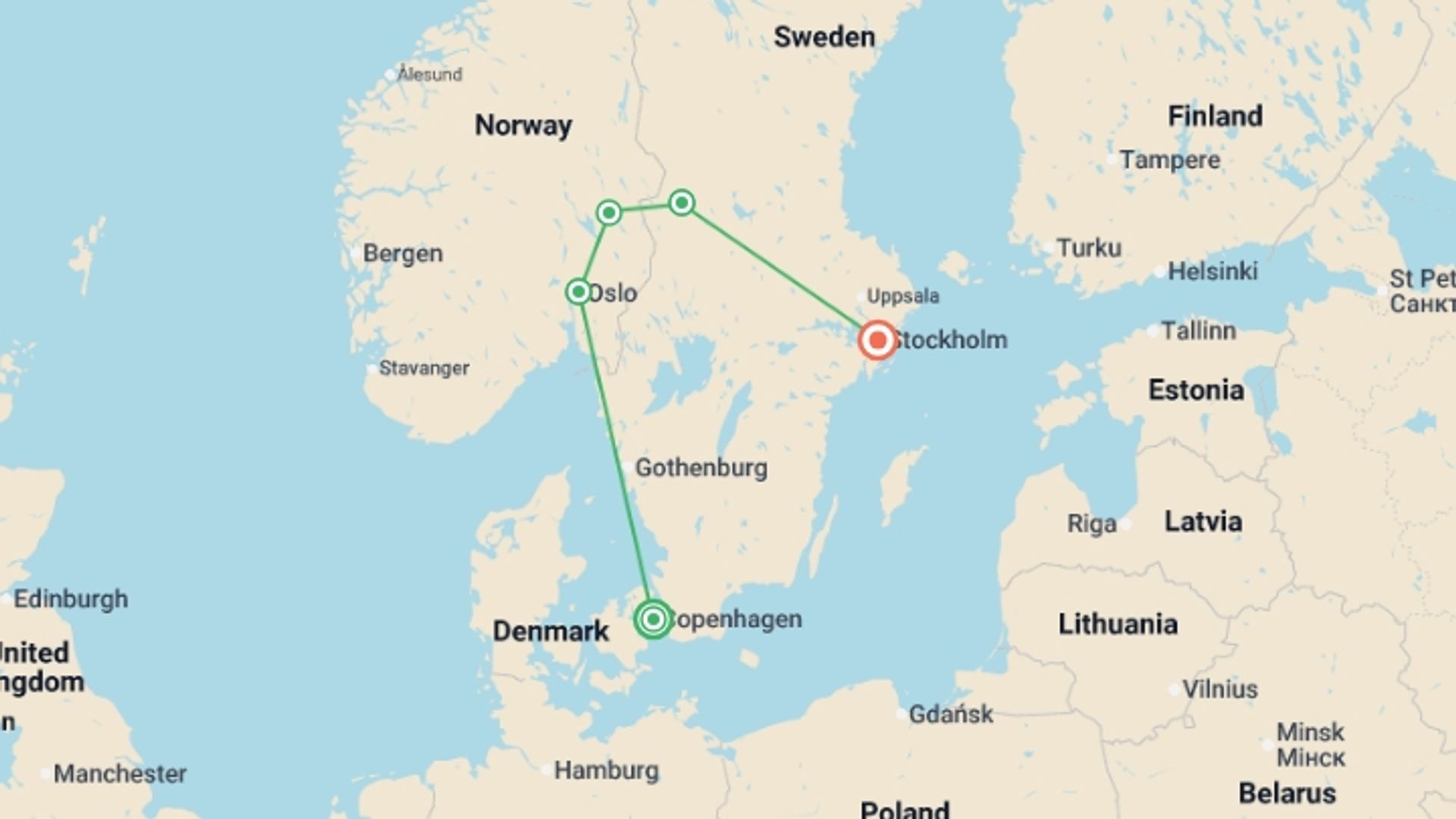 A map showing the tour itinerary for the trip: Best of Scandinavia, starting in Copenhagen, Denmark and ending in Stockholm, Sweden going through 4 other destinations.