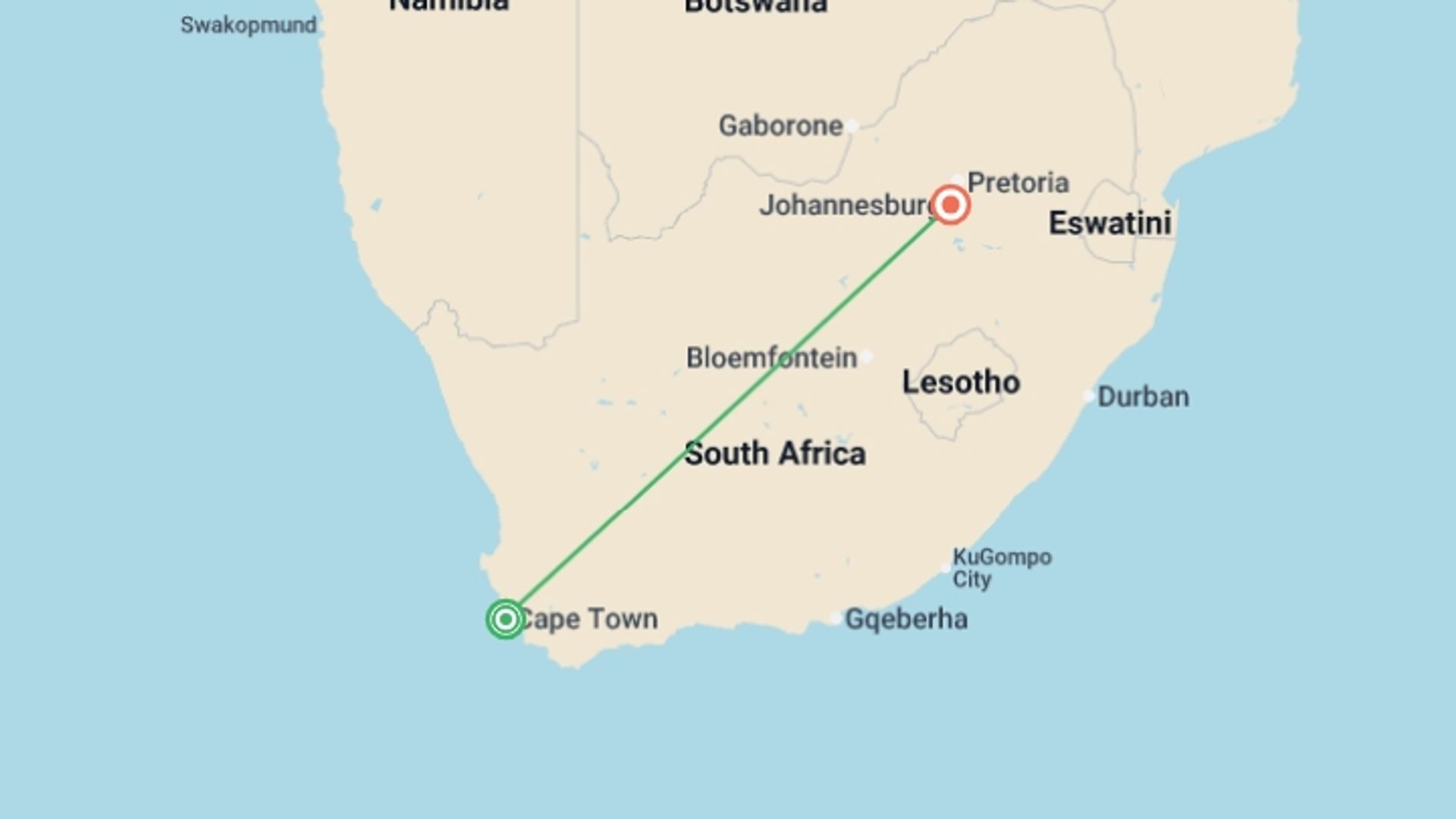 A map showing the tour itinerary for the trip: Best of South Africa, starting in Cape Town, South Africa and ending in Johannesburg, South Africa going through 3 other destinations.