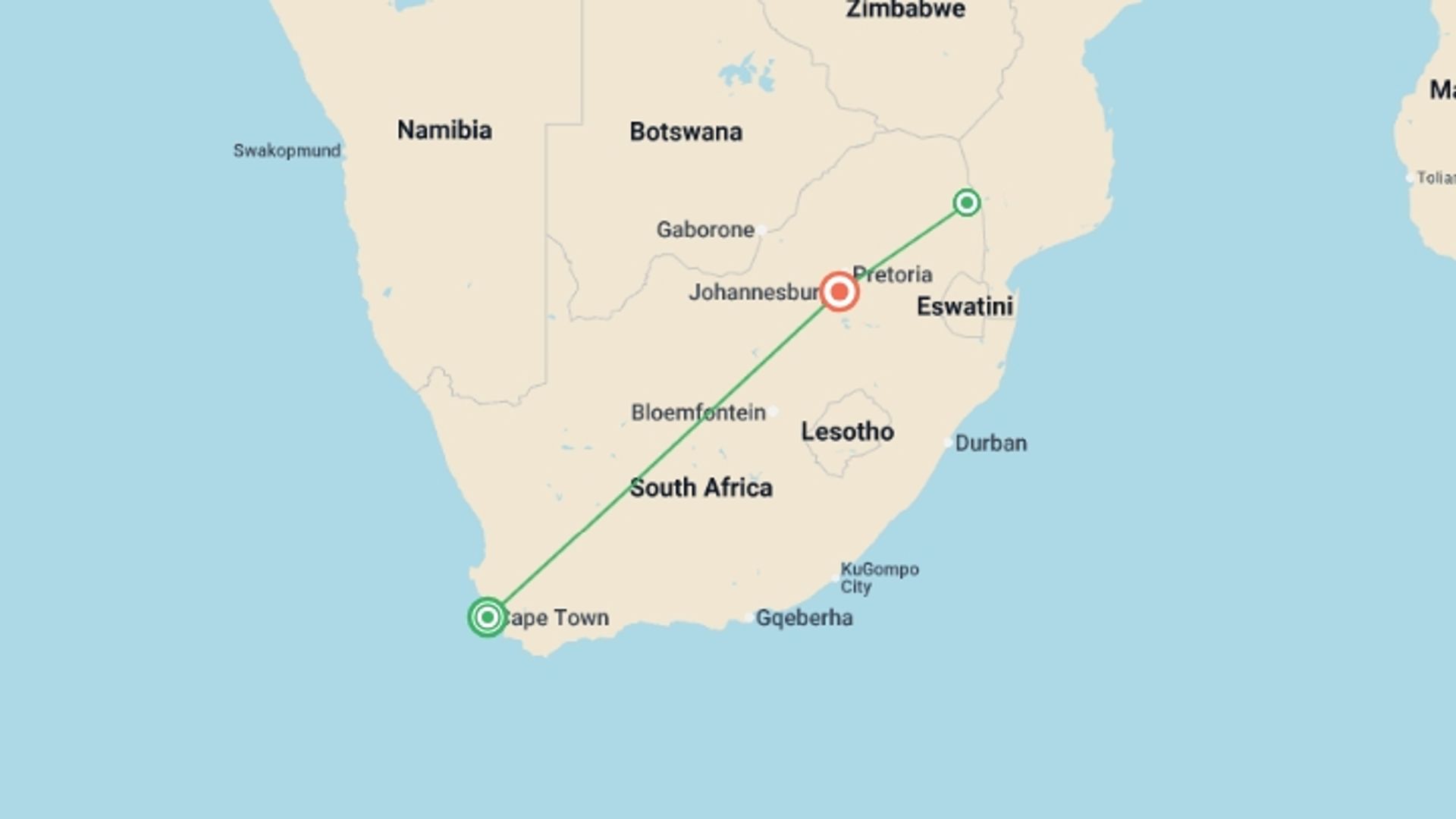 A map showing the tour itinerary for the trip: Best of South Africa, starting in Cape Town, South Africa and ending in Johannesburg, South Africa going through 3 other destinations.
