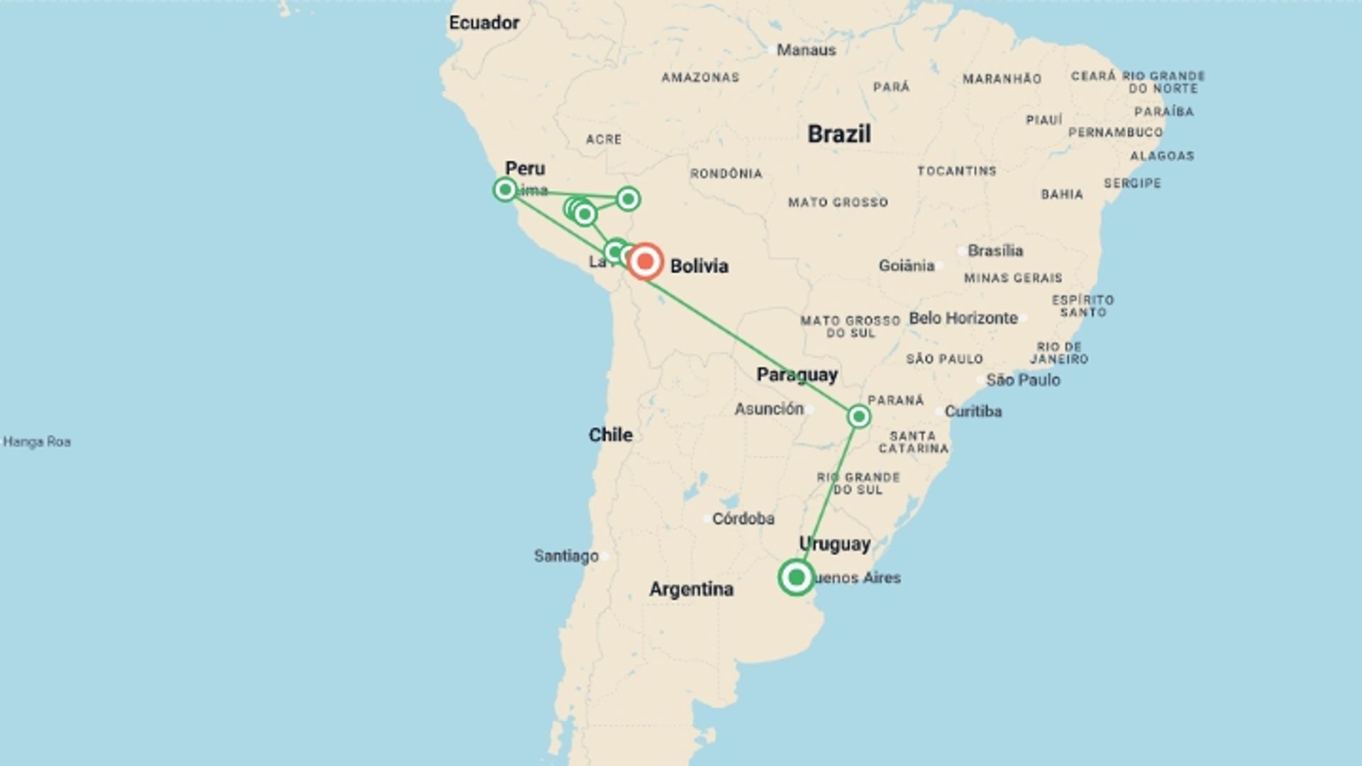 A map showing the tour itinerary for the trip: Best of South America, starting in Buenos Aires, Argentina and ending in La Paz, Bolivia going through 10 other destinations.