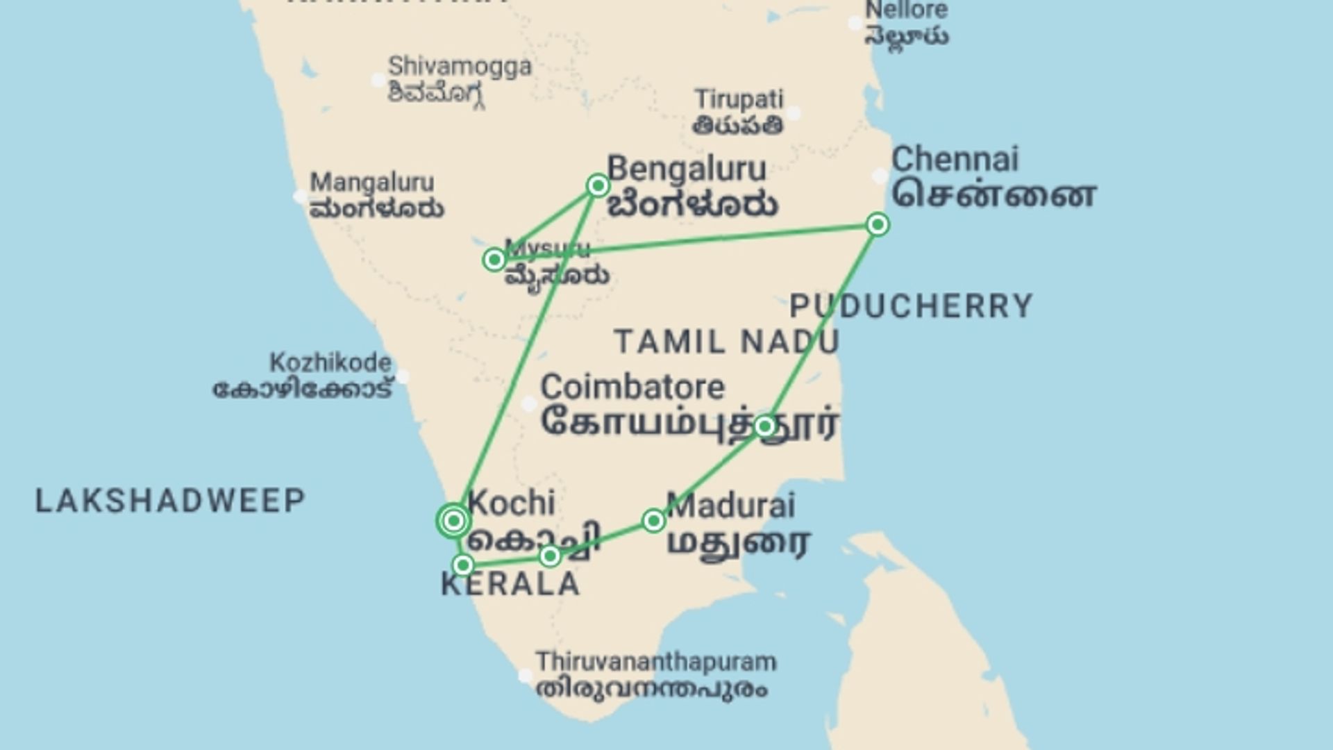 A map showing the tour itinerary for the trip: Best of Southern India, starting in Chennai, India and ending in Chennai, India going through 7 other destinations.