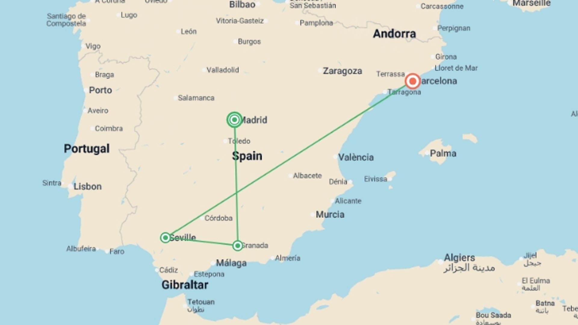 A map showing the tour itinerary for the trip: Best of Southern Spain, starting in Madrid, Spain and ending in Barcelona, Spain going through 4 other destinations.