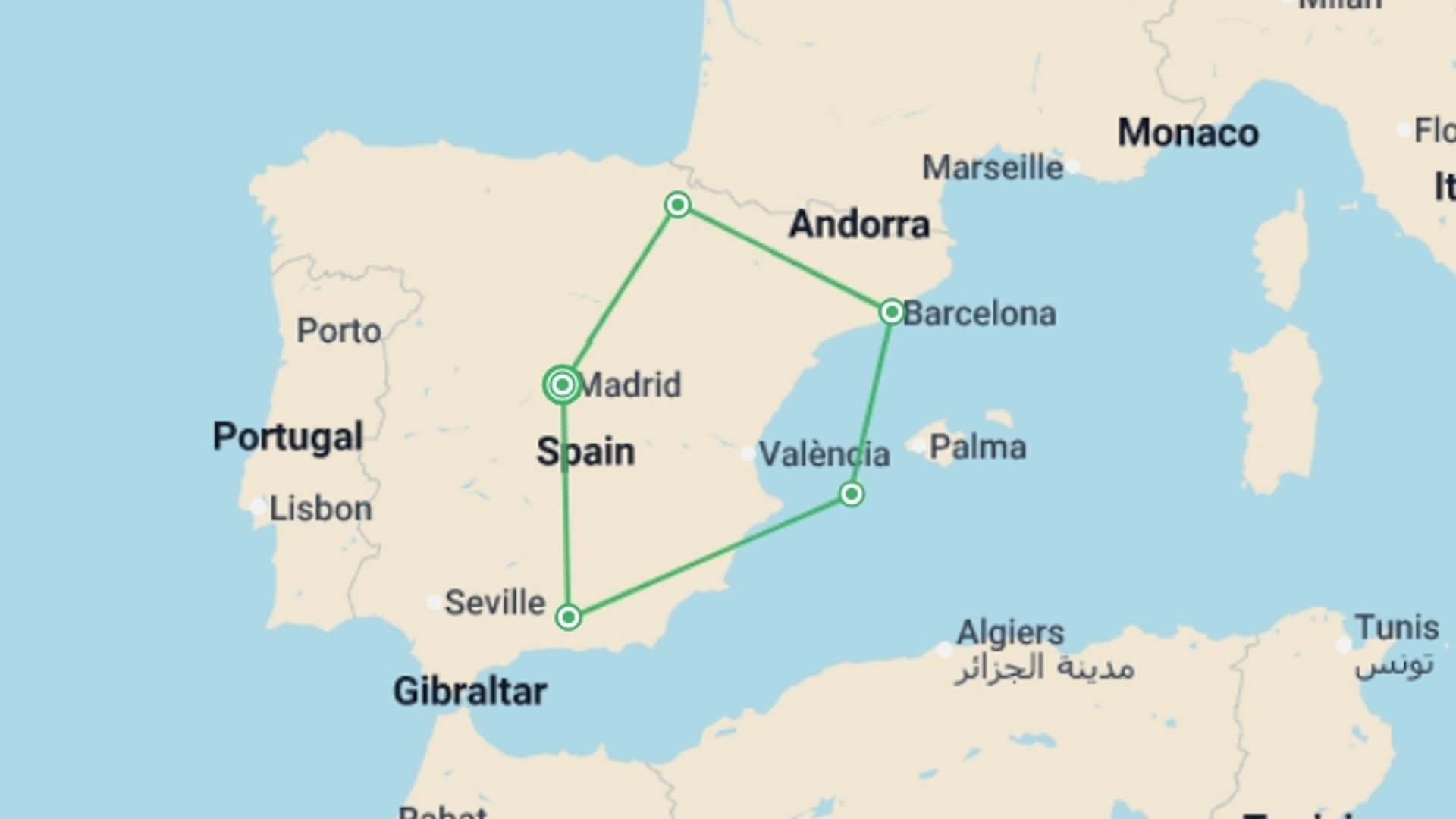 A map showing the tour itinerary for the trip: Best of Spain, starting in Madrid, Spain and ending in Madrid, Spain going through 6 other destinations.