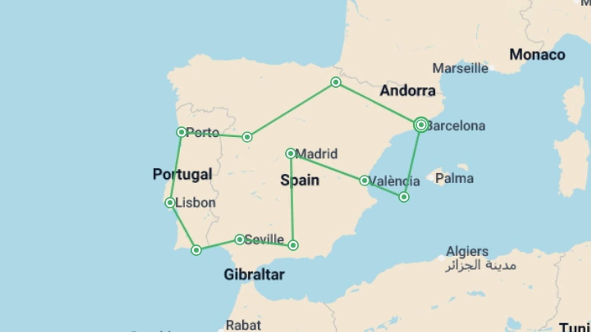 A map showing the tour itinerary for the trip: Best of Spain & Portugal, starting in Barcelona, Spain and ending in Barcelona, Spain going through 11 other destinations.