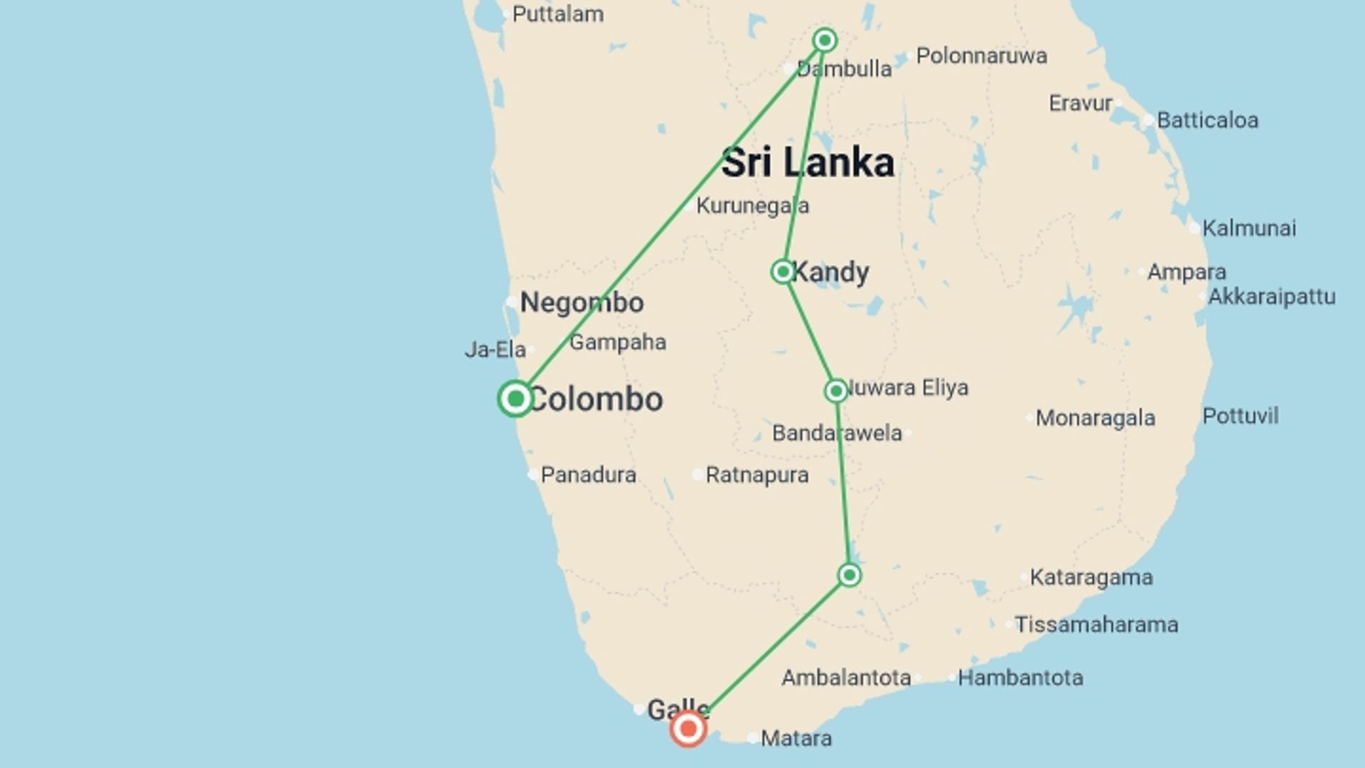 A map showing the tour itinerary for the trip: Best of Sri Lanka (2027), starting in Colombo, Sri Lanka and ending in undefined, Sri Lanka going through 4 other destinations.