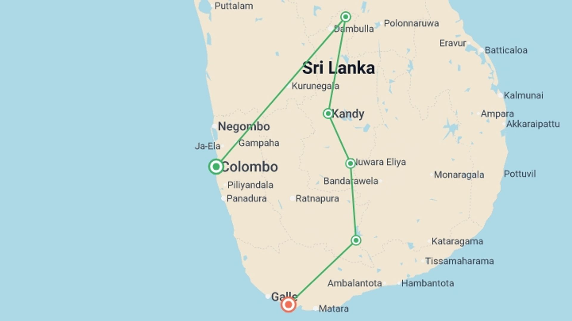 A map showing the tour itinerary for the trip: Best of Sri Lanka (2027), starting in Colombo, Sri Lanka and ending in Sri Lanka going through 4 other destinations.